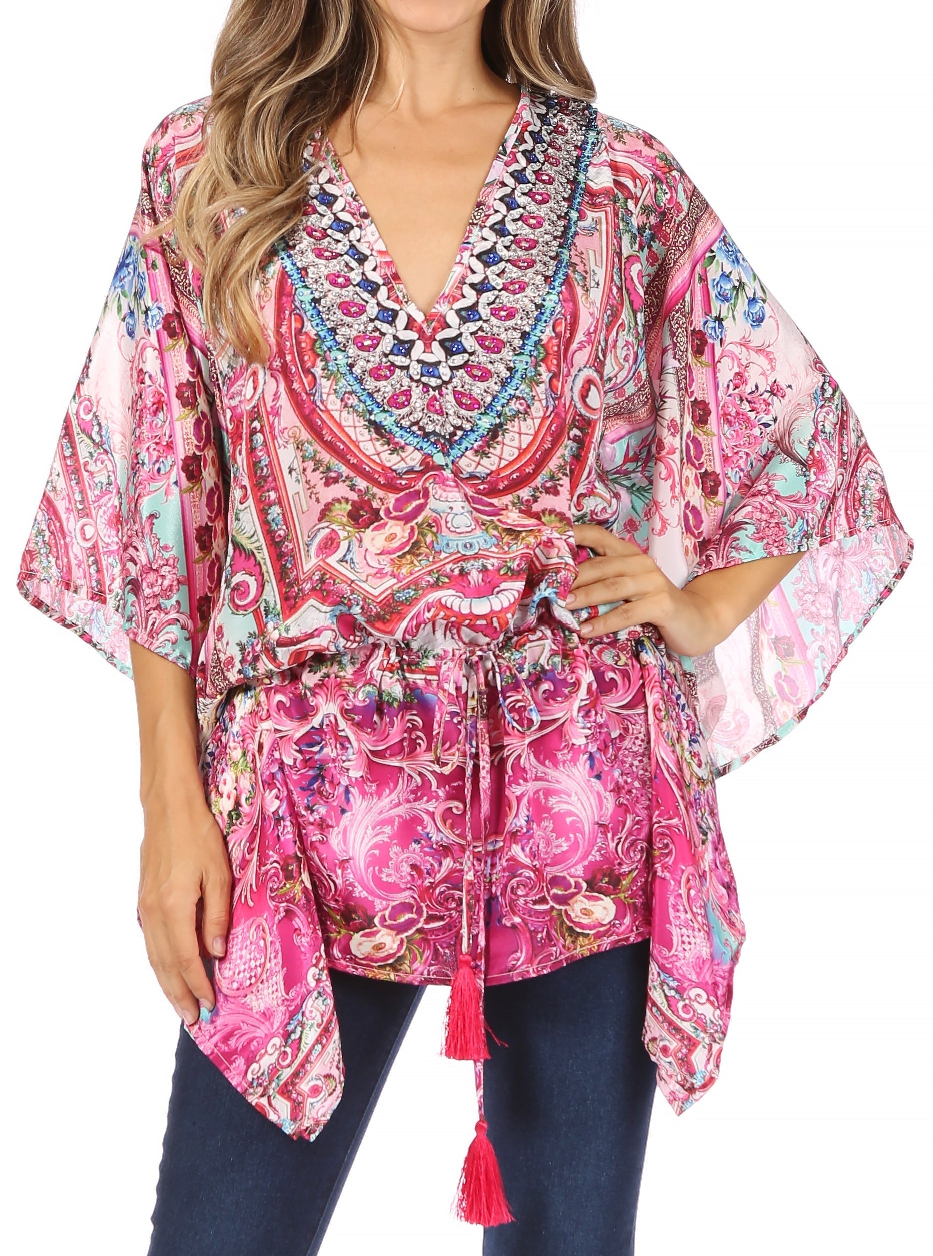 Sakkas Danis Women's Oversized Casual Pullover V-neck Short Sleeve Boho Top Blouse - Concordia Style Boutique