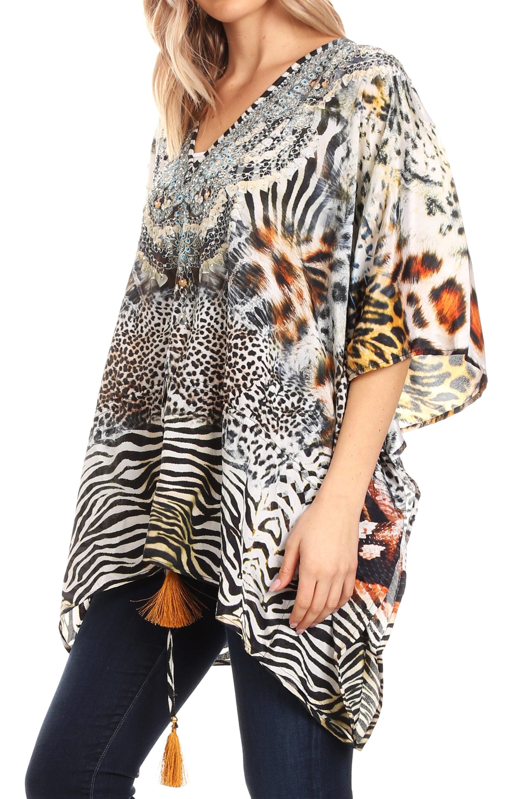 Sakkas Danis Women's Oversized Casual Pullover V-neck Short Sleeve Boho Top Blouse - Concordia Style Boutique