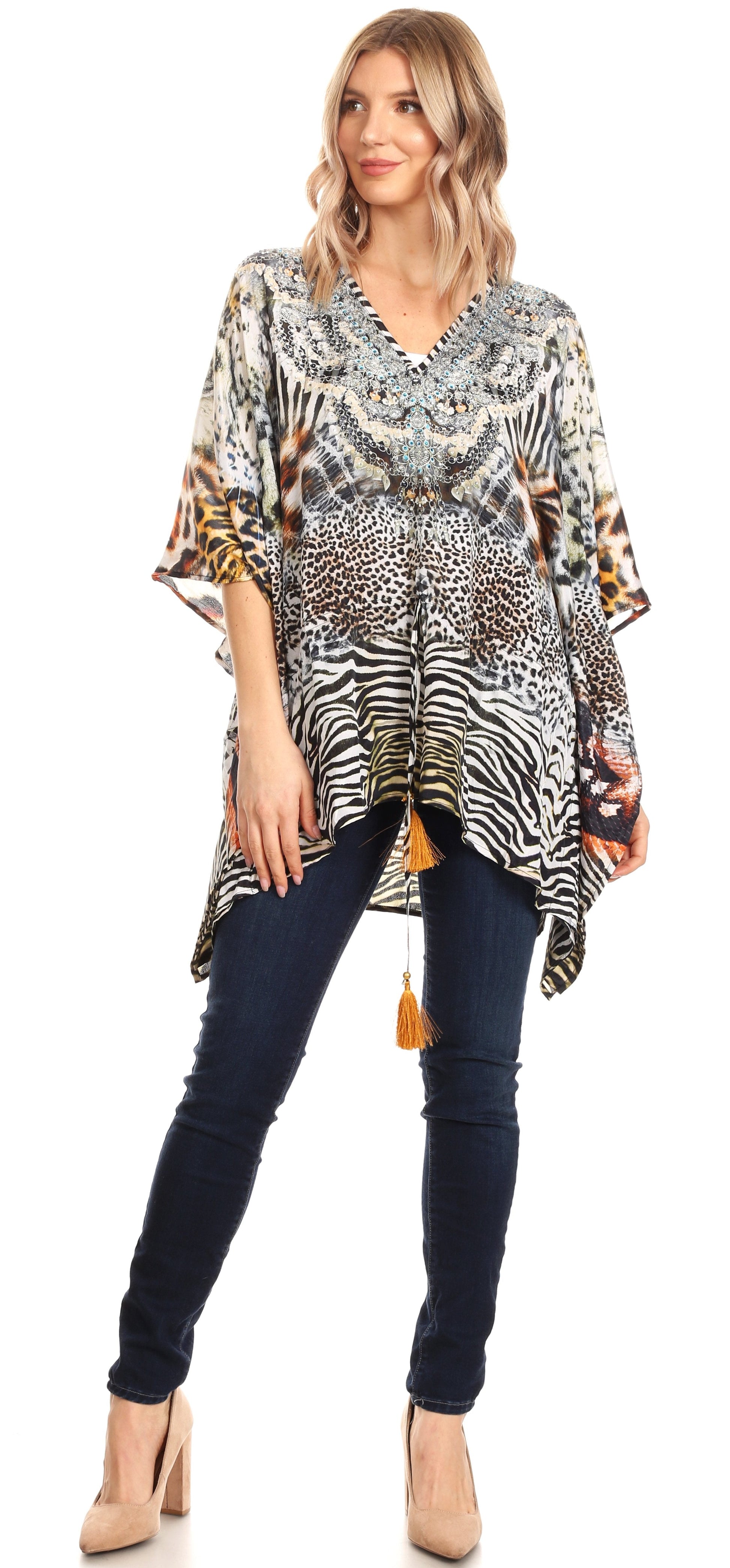 Sakkas Danis Women's Oversized Casual Pullover V-neck Short Sleeve Boho Top Blouse - Concordia Style Boutique