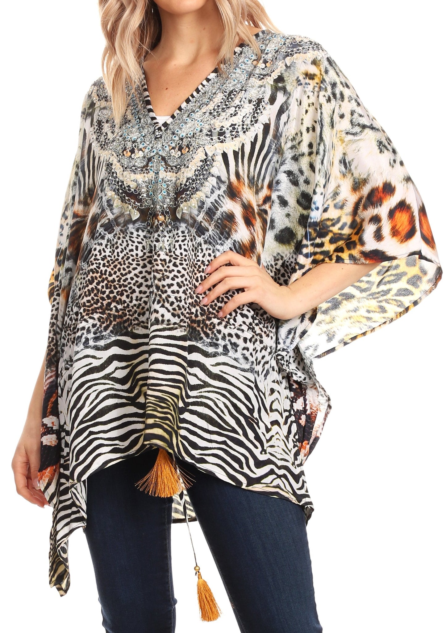 Sakkas Danis Women's Oversized Casual Pullover V-neck Short Sleeve Boho Top Blouse - Concordia Style Boutique