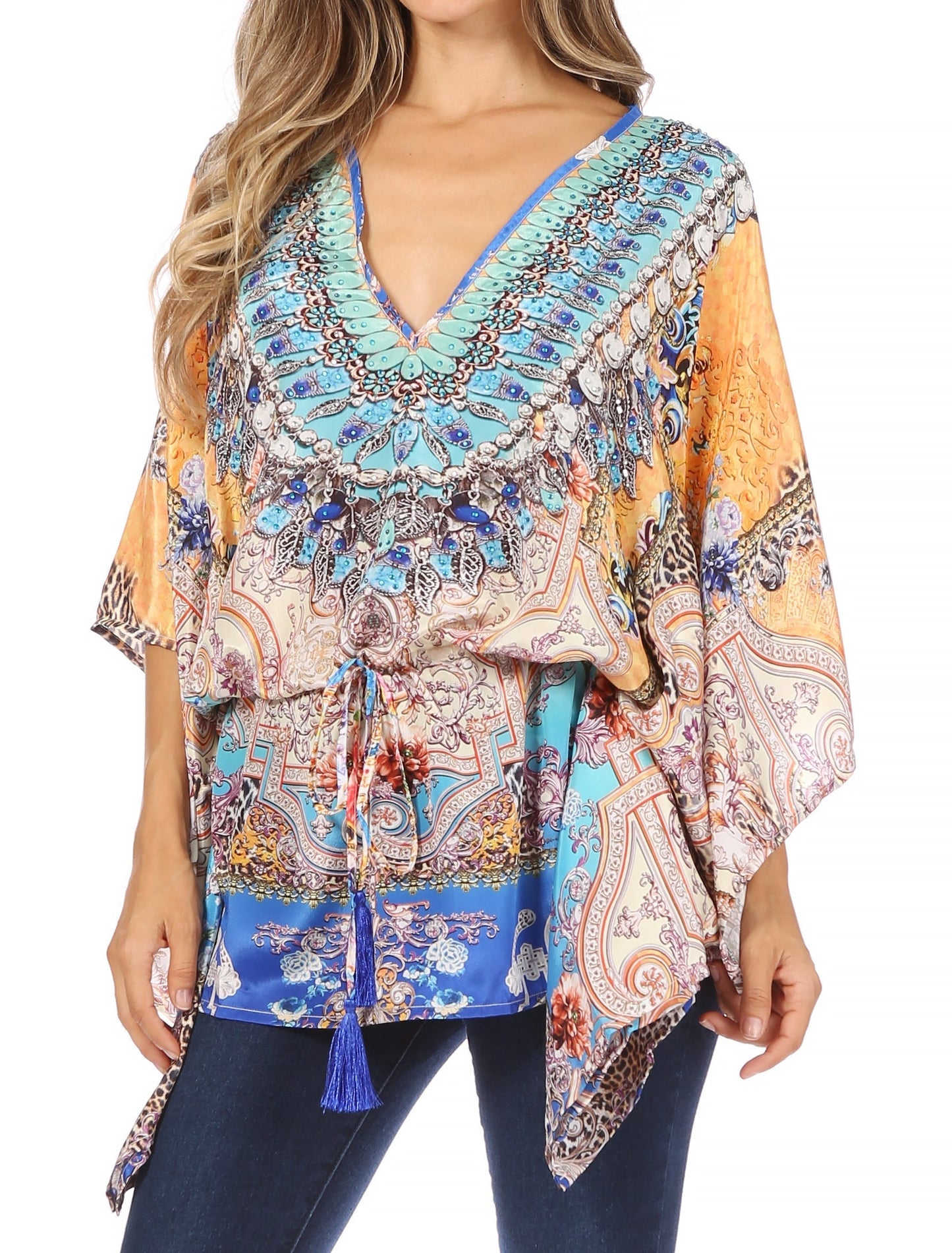 Sakkas Danis Women's Oversized Casual Pullover V-neck Short Sleeve Boho Top Blouse - Concordia Style Boutique
