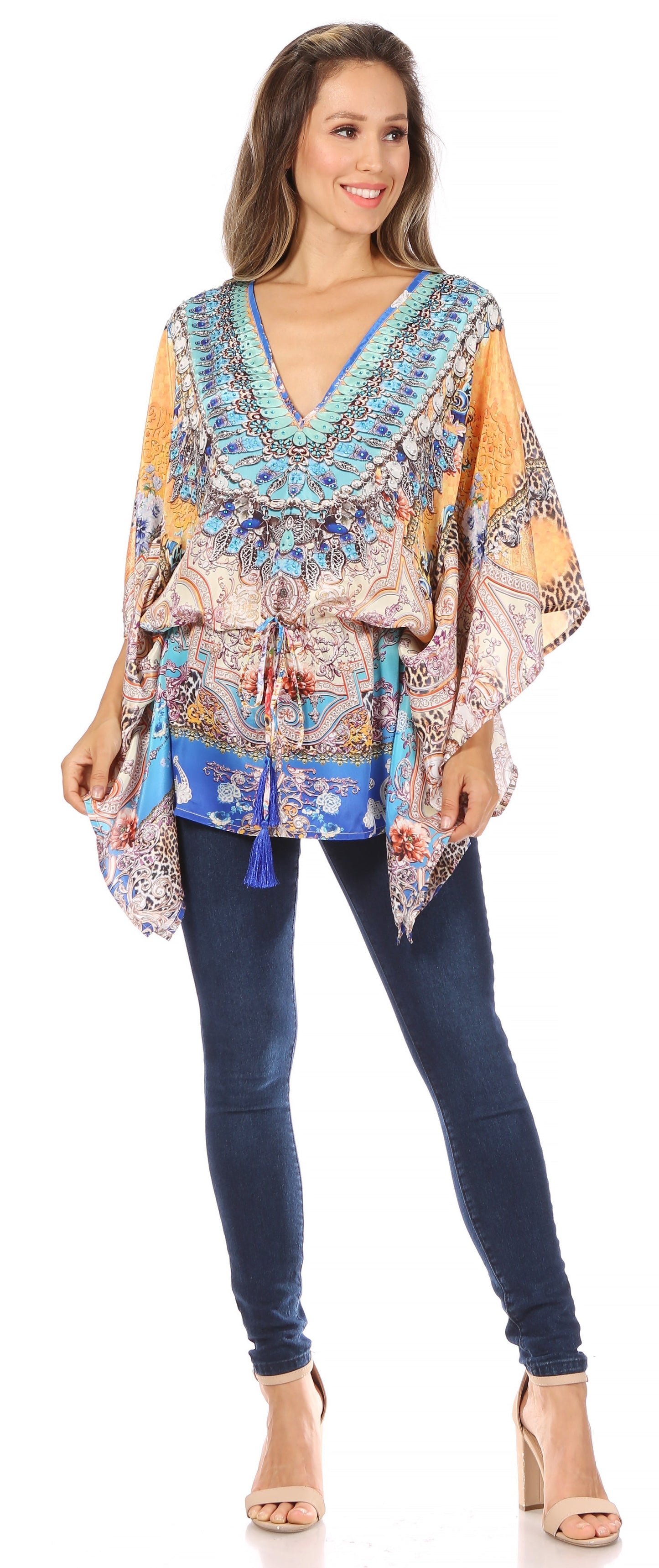 Sakkas Danis Women's Oversized Casual Pullover V-neck Short Sleeve Boho Top Blouse - Concordia Style Boutique