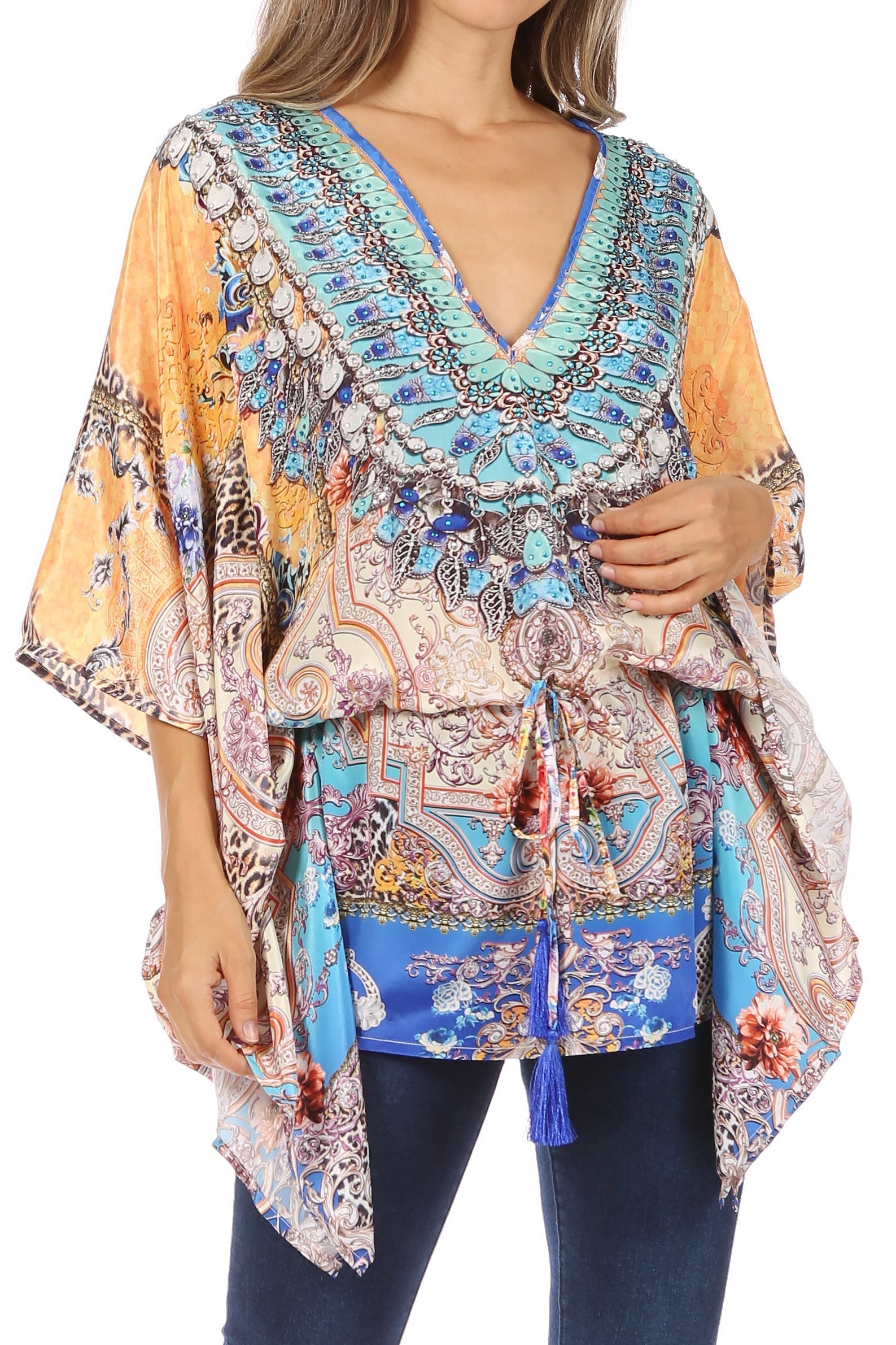 Sakkas Danis Women's Oversized Casual Pullover V-neck Short Sleeve Boho Top Blouse - Concordia Style Boutique