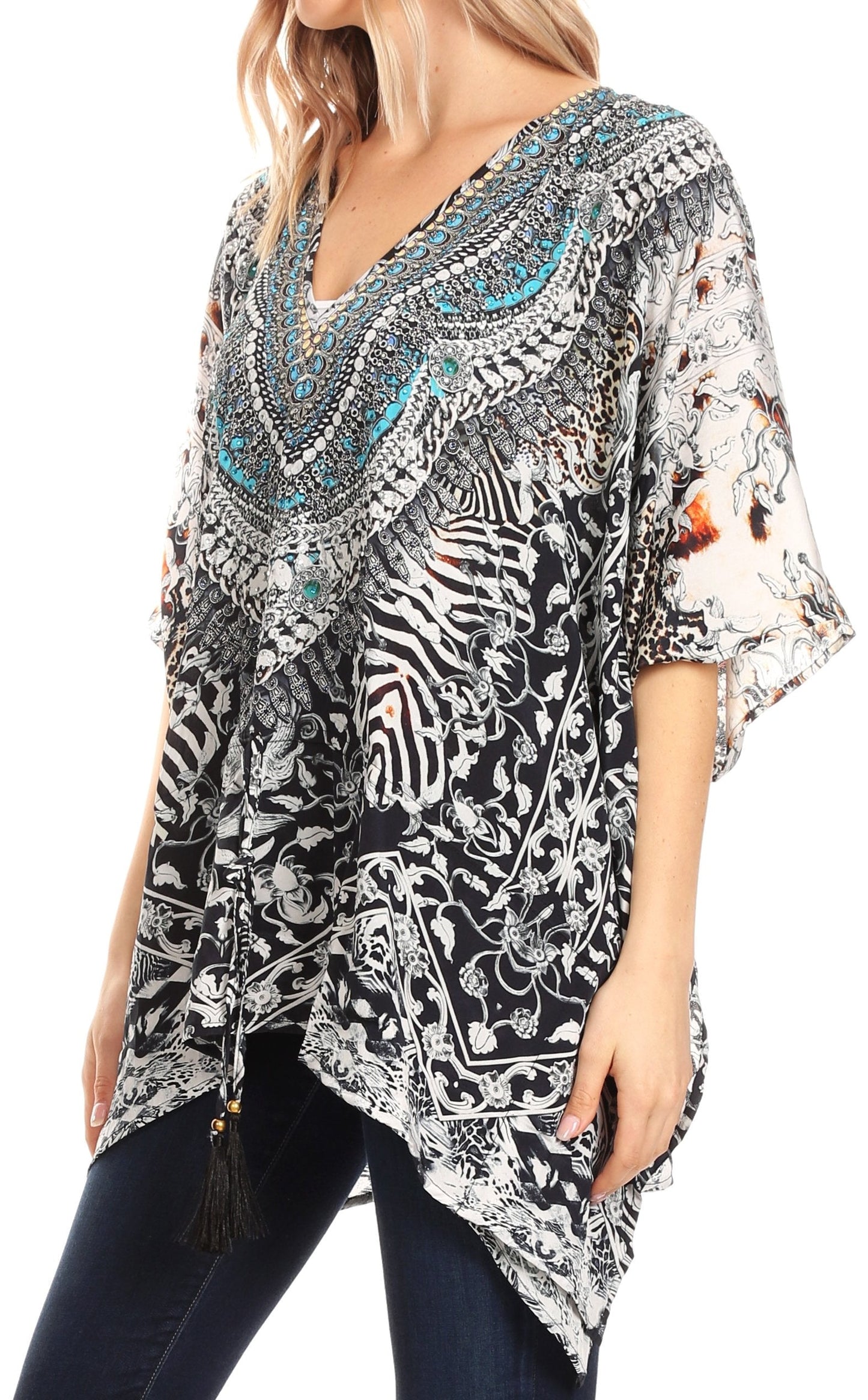 Sakkas Danis Women's Oversized Casual Pullover V-neck Short Sleeve Boho Top Blouse - Concordia Style Boutique