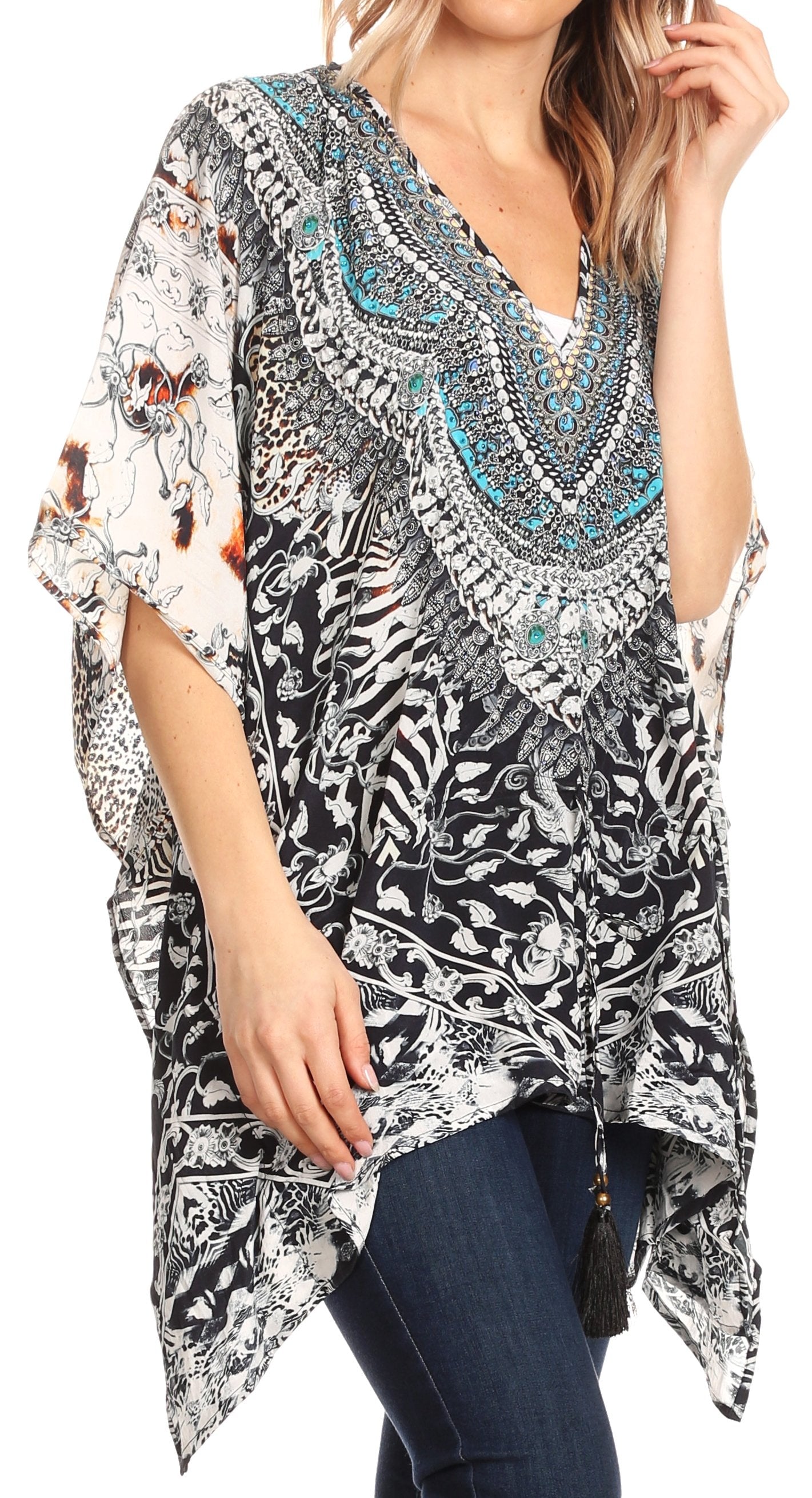 Sakkas Danis Women's Oversized Casual Pullover V-neck Short Sleeve Boho Top Blouse - Concordia Style Boutique