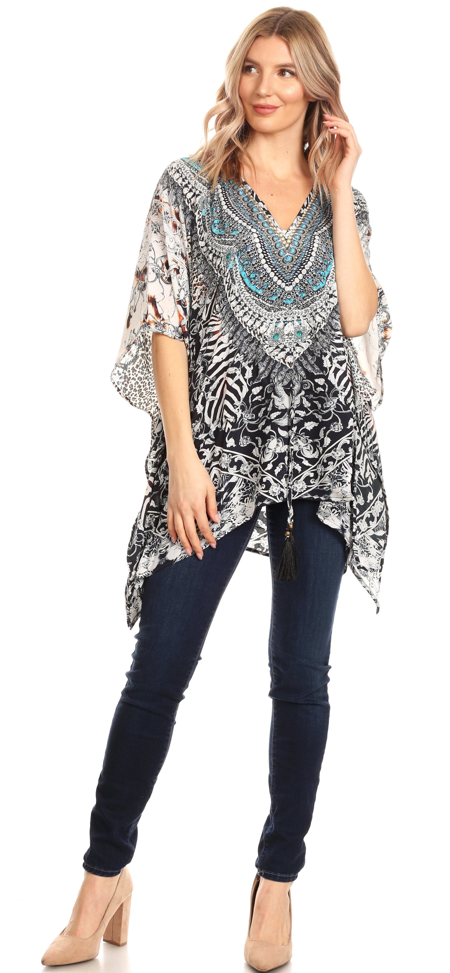 Sakkas Danis Women's Oversized Casual Pullover V-neck Short Sleeve Boho Top Blouse - Concordia Style Boutique