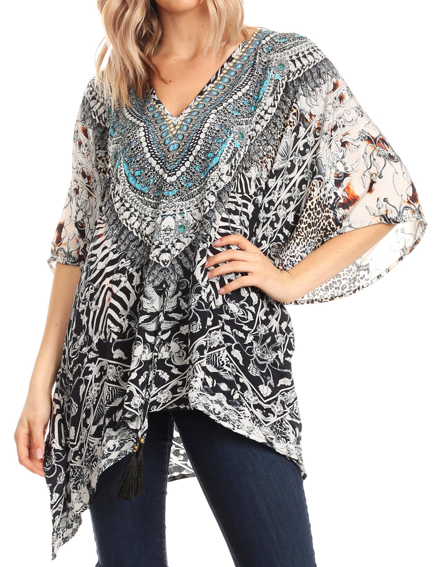 Sakkas Danis Women's Oversized Casual Pullover V-neck Short Sleeve Boho Top Blouse - Concordia Style Boutique