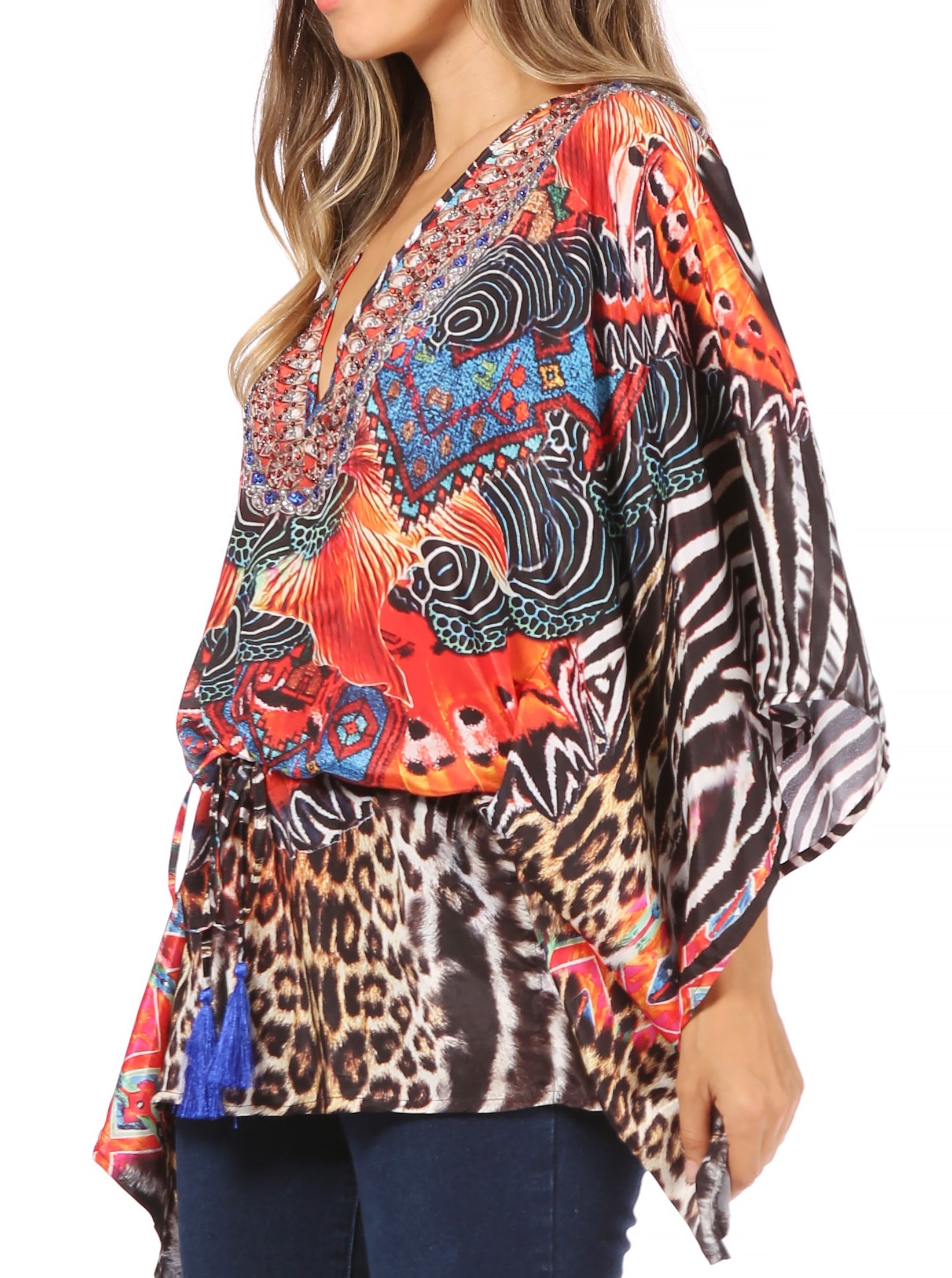 Sakkas Danis Women's Oversized Casual Pullover V-neck Short Sleeve Boho Top Blouse - Concordia Style Boutique
