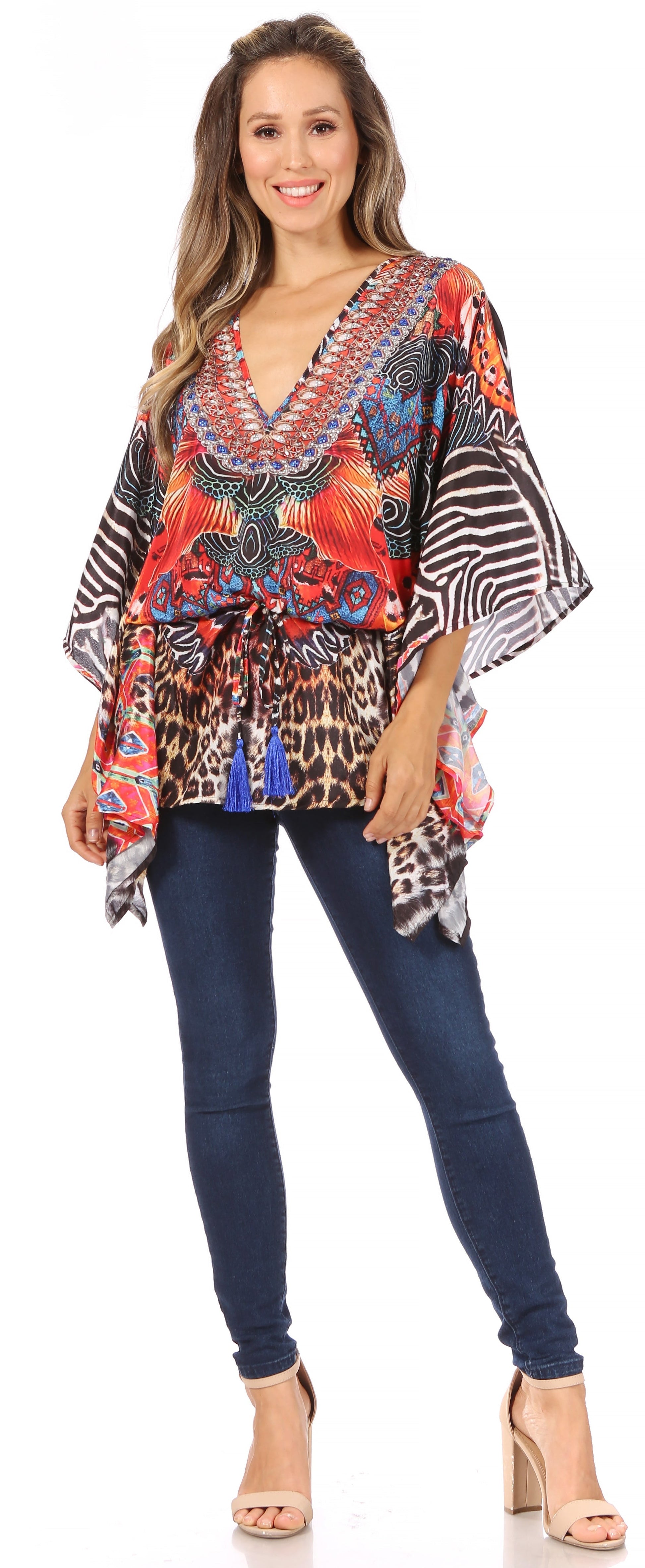 Sakkas Danis Women's Oversized Casual Pullover V-neck Short Sleeve Boho Top Blouse - Concordia Style Boutique