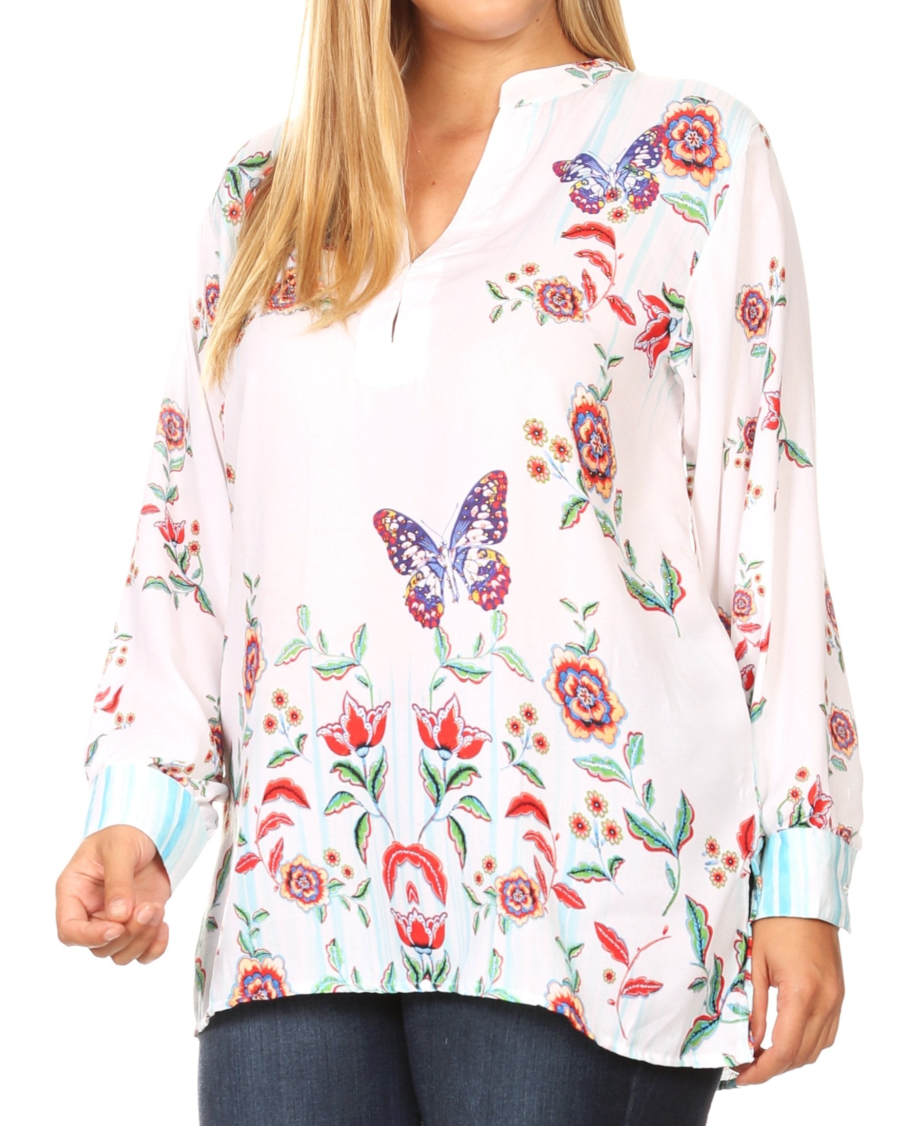 Sakkas Fara Women's Casual Floral Print Lightweight Long Sleeve Blouse Tunic Top - Concordia Style Boutique