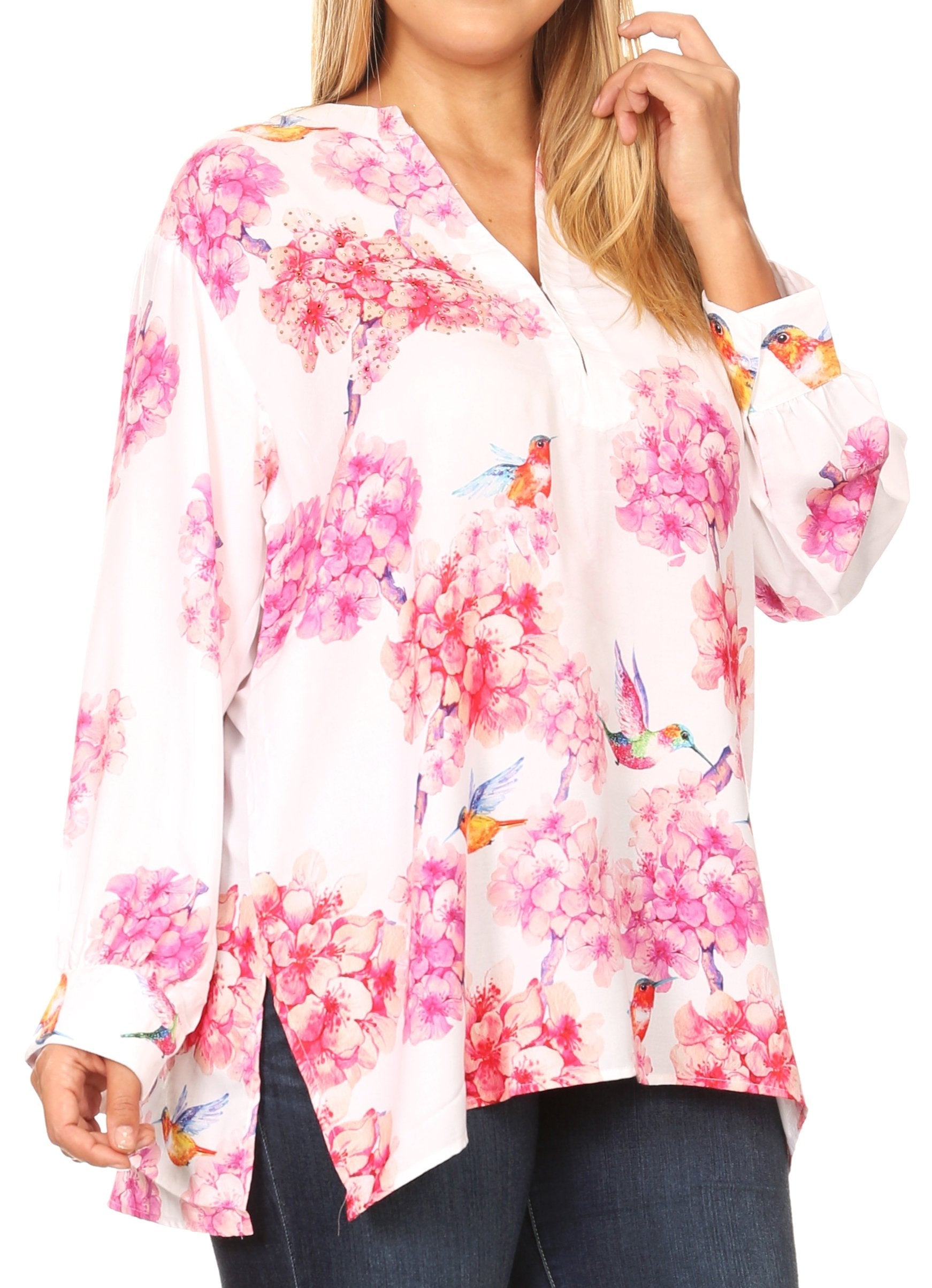 Sakkas Fara Women's Casual Floral Print Lightweight Long Sleeve Blouse Tunic Top - Concordia Style Boutique