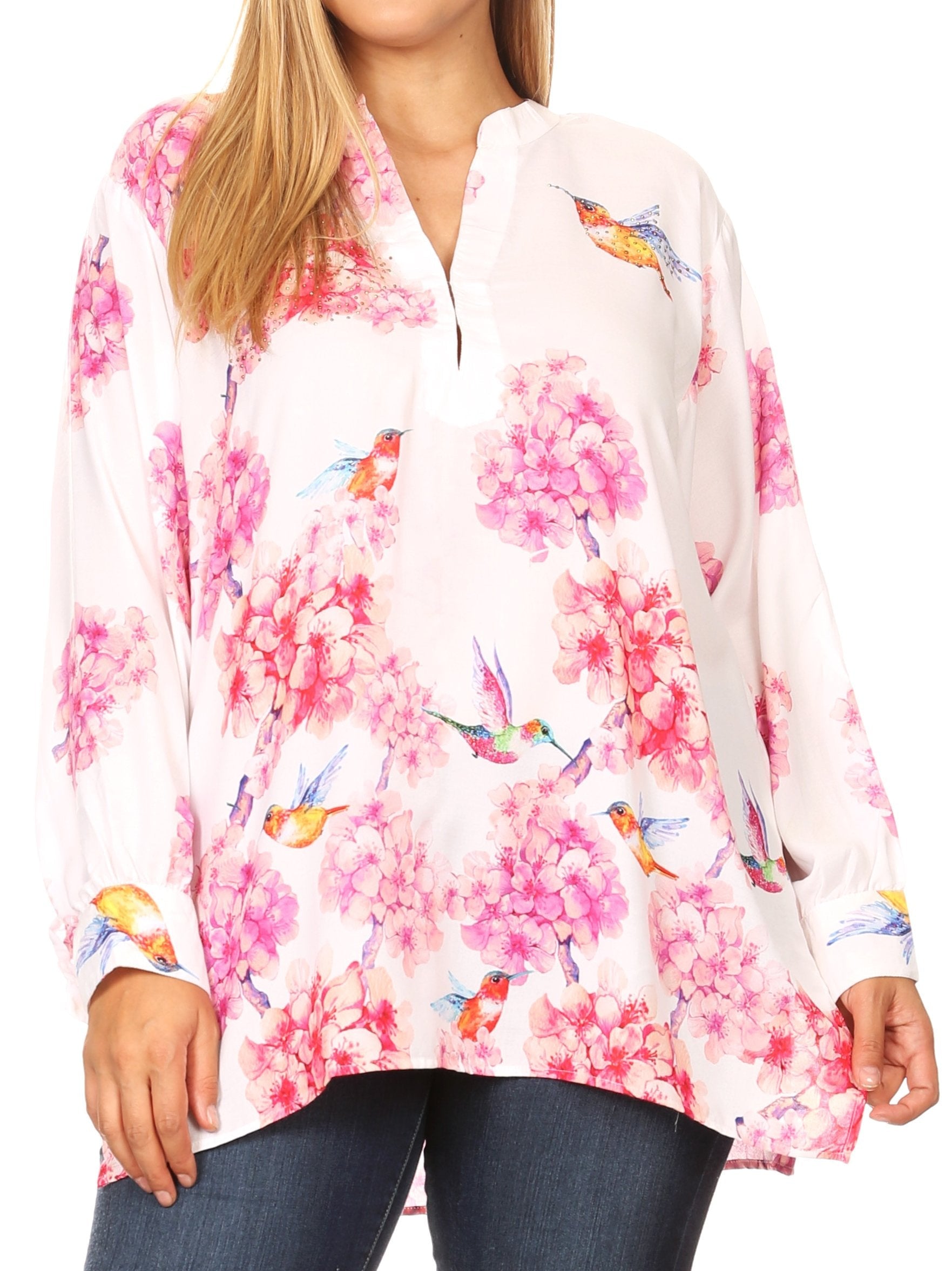 Sakkas Fara Women's Casual Floral Print Lightweight Long Sleeve Blouse Tunic Top - Concordia Style Boutique