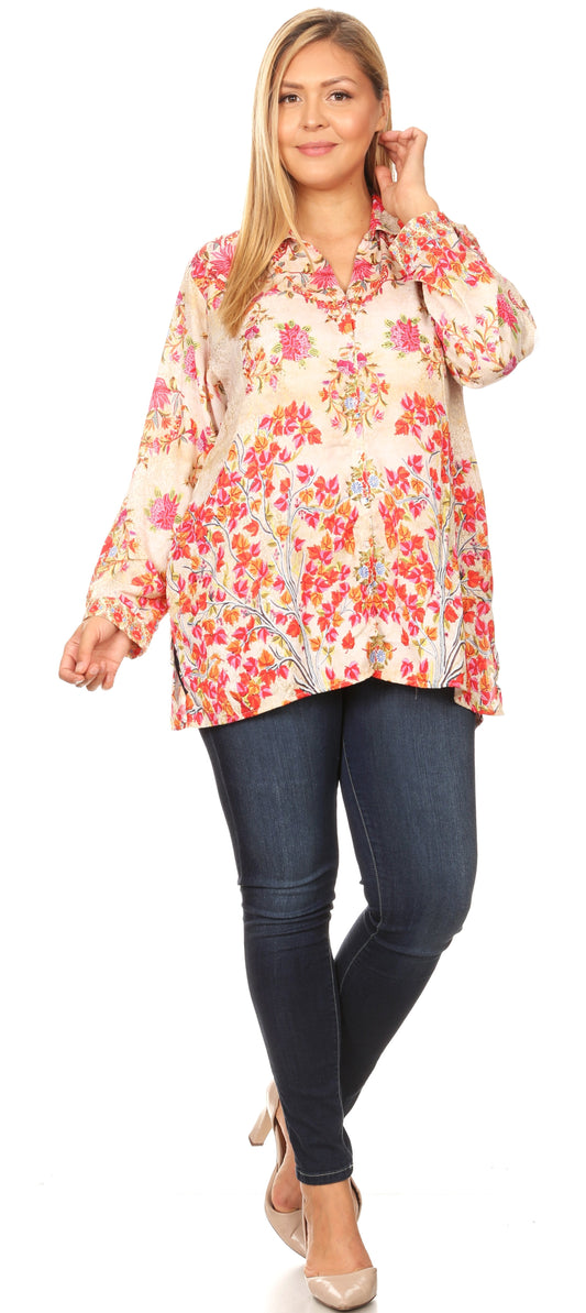 Sakkas Issa Women's Long Sleeve Floral Print Casual Button Down Shirt Blouse Top - Concordia Style Boutique