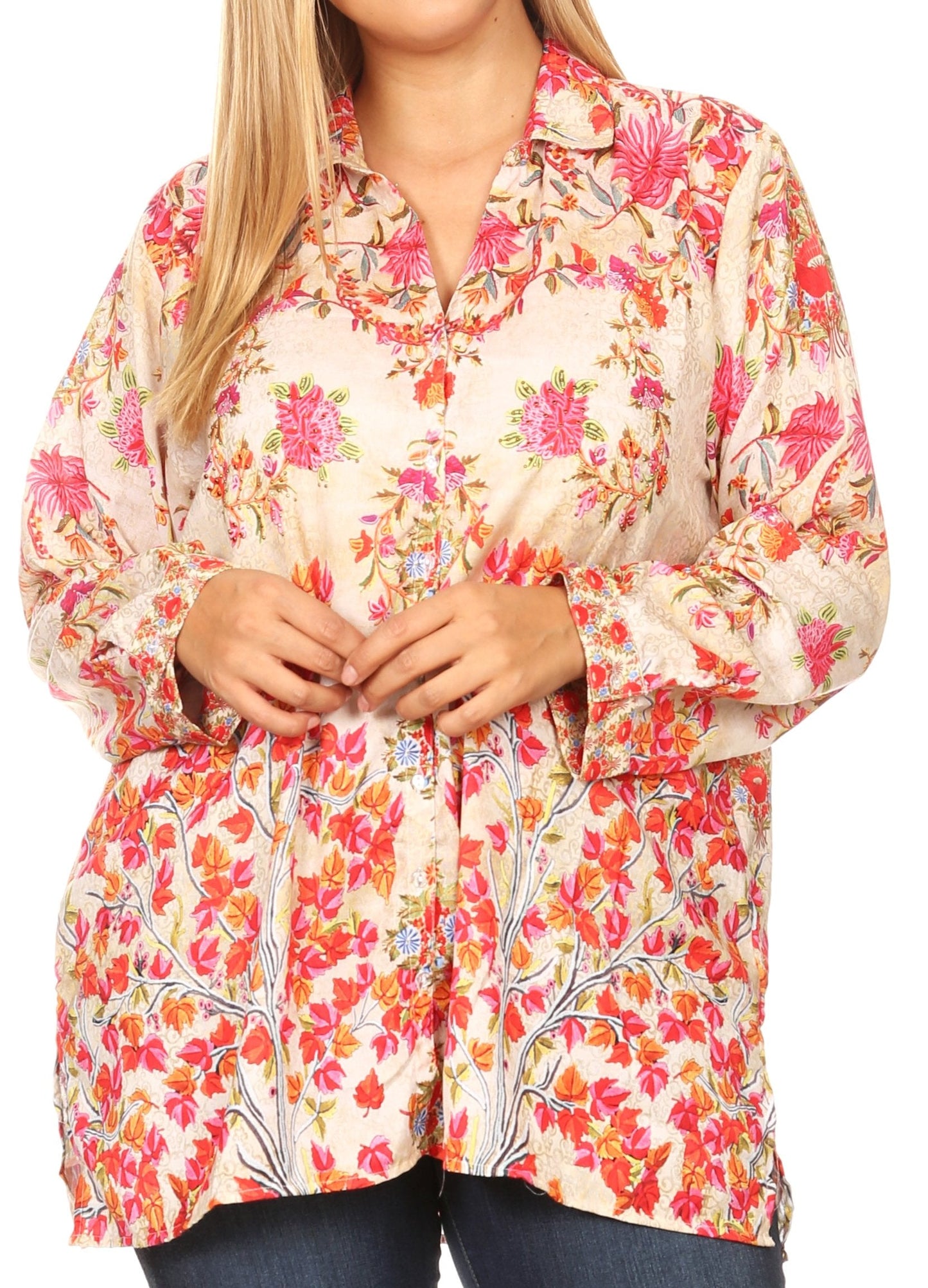 Sakkas Issa Women's Long Sleeve Floral Print Casual Button Down Shirt Blouse Top - Concordia Style Boutique