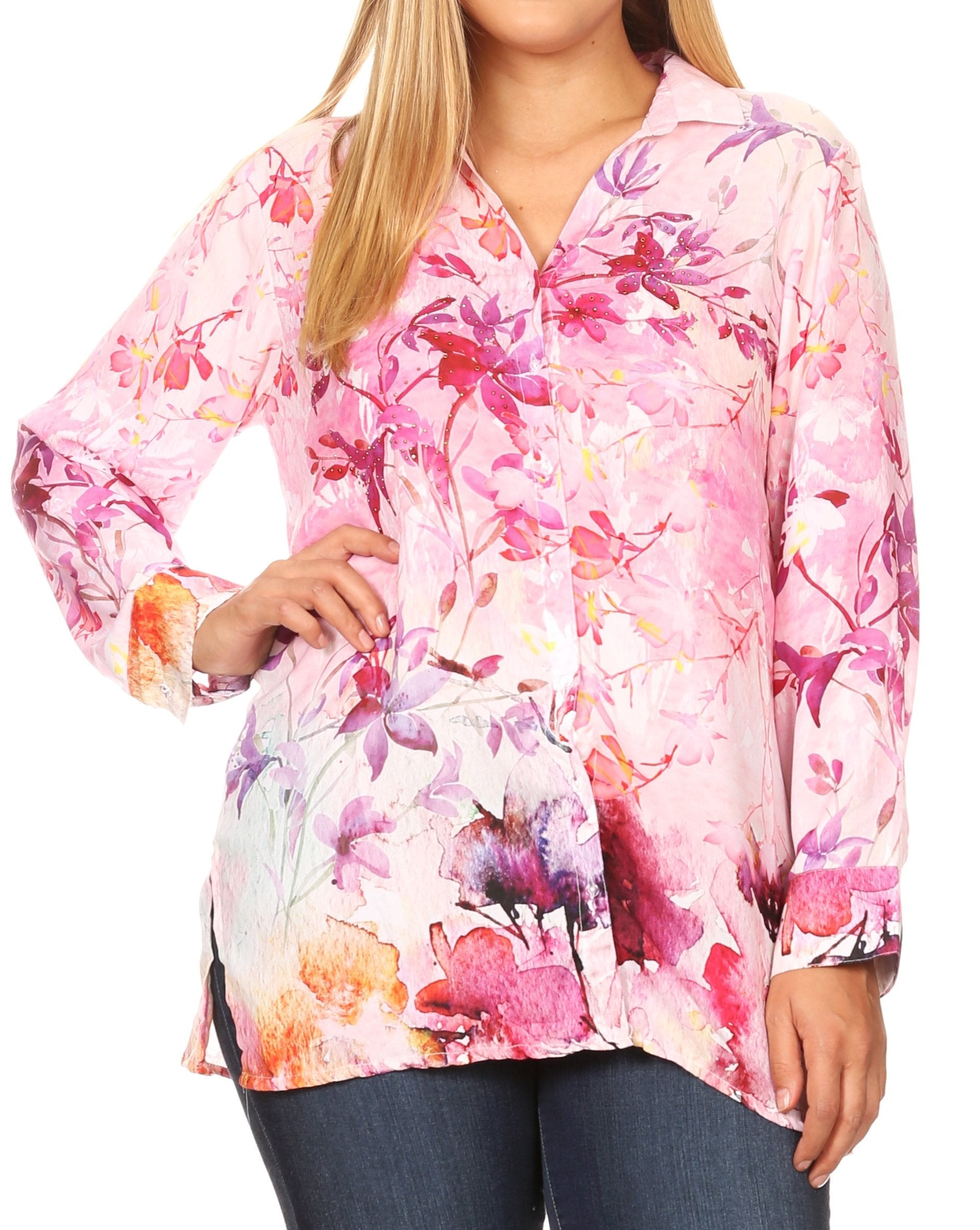 Sakkas Issa Women's Long Sleeve Floral Print Casual Button Down Shirt Blouse Top - Concordia Style Boutique