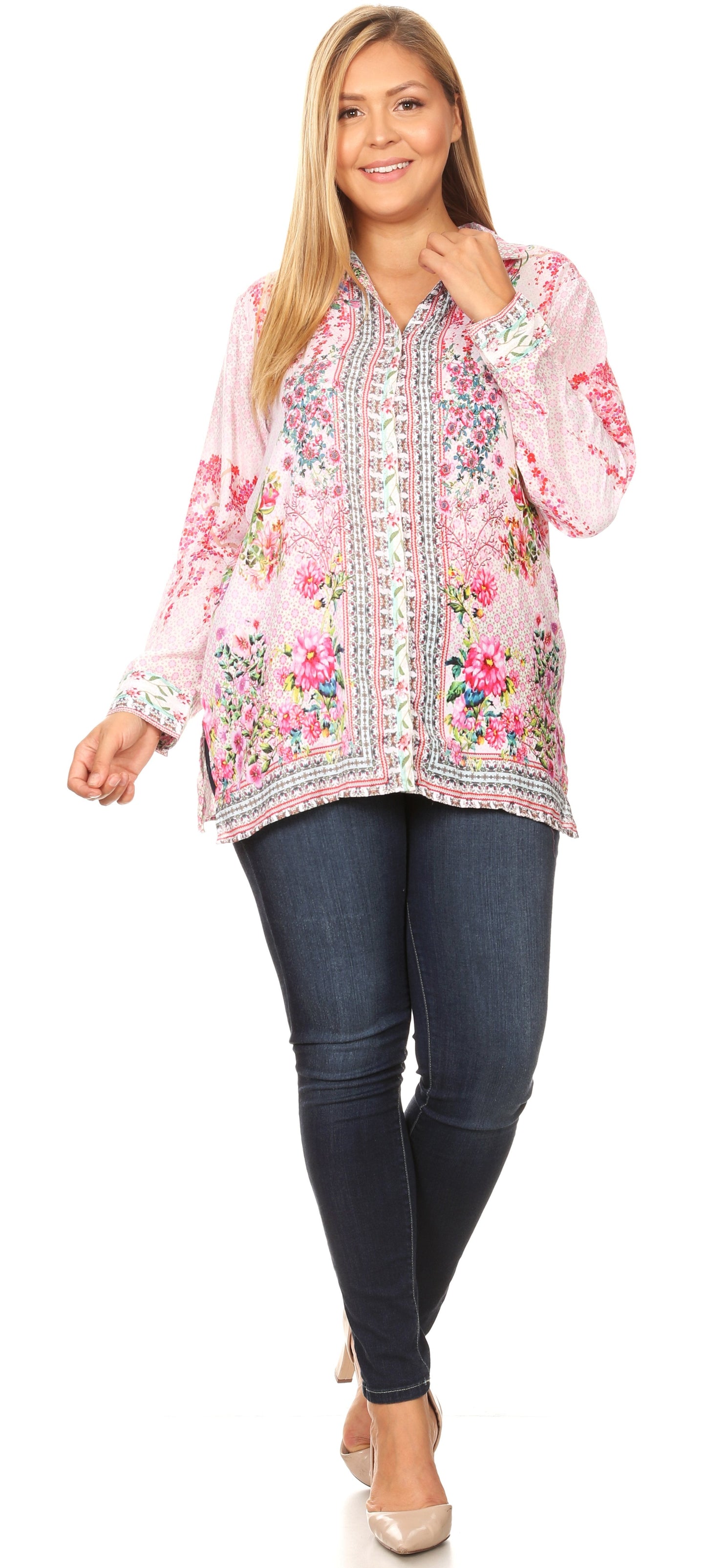 Sakkas Issa Women's Long Sleeve Floral Print Casual Button Down Shirt Blouse Top - Concordia Style Boutique