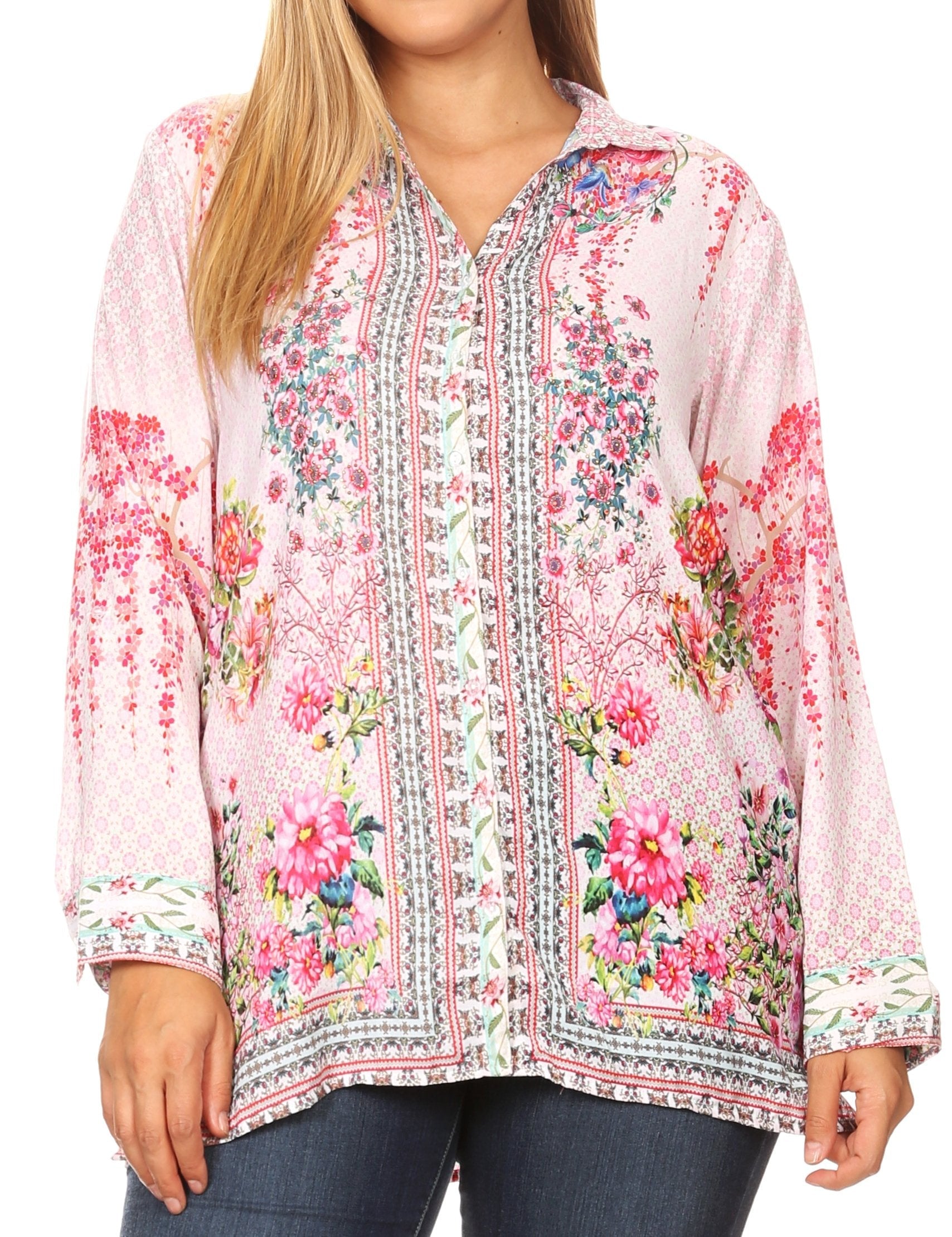 Sakkas Issa Women's Long Sleeve Floral Print Casual Button Down Shirt Blouse Top - Concordia Style Boutique