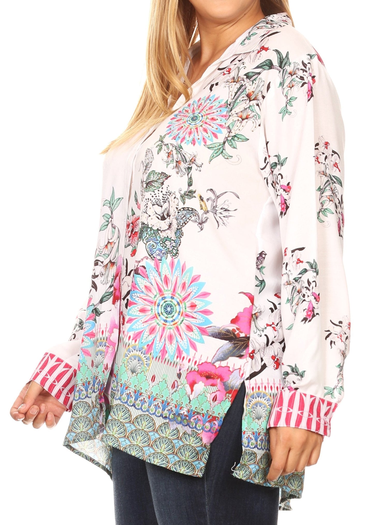 Sakkas Issa Women's Long Sleeve Floral Print Casual Button Down Shirt Blouse Top - Concordia Style Boutique