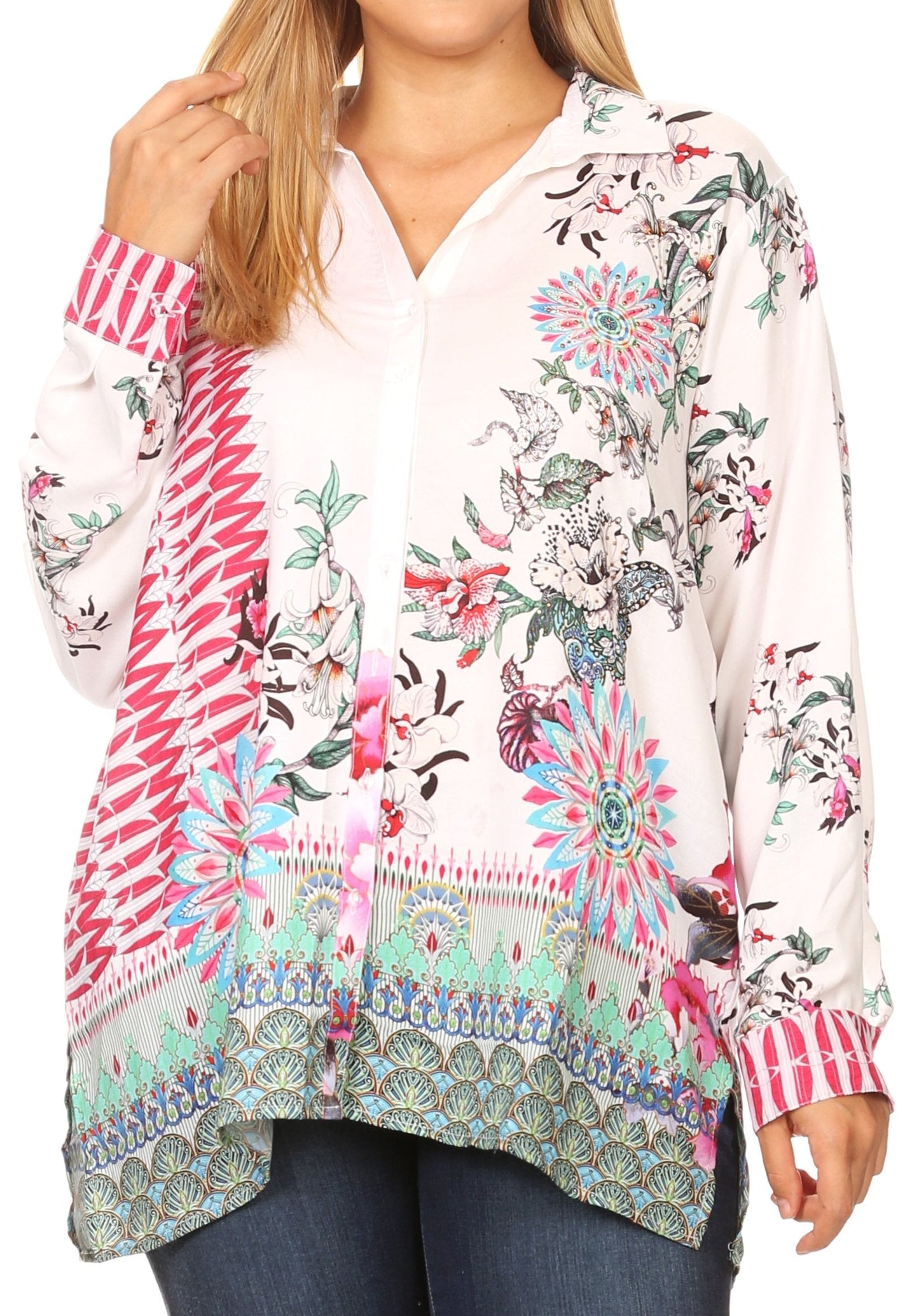 Sakkas Issa Women's Long Sleeve Floral Print Casual Button Down Shirt Blouse Top - Concordia Style Boutique