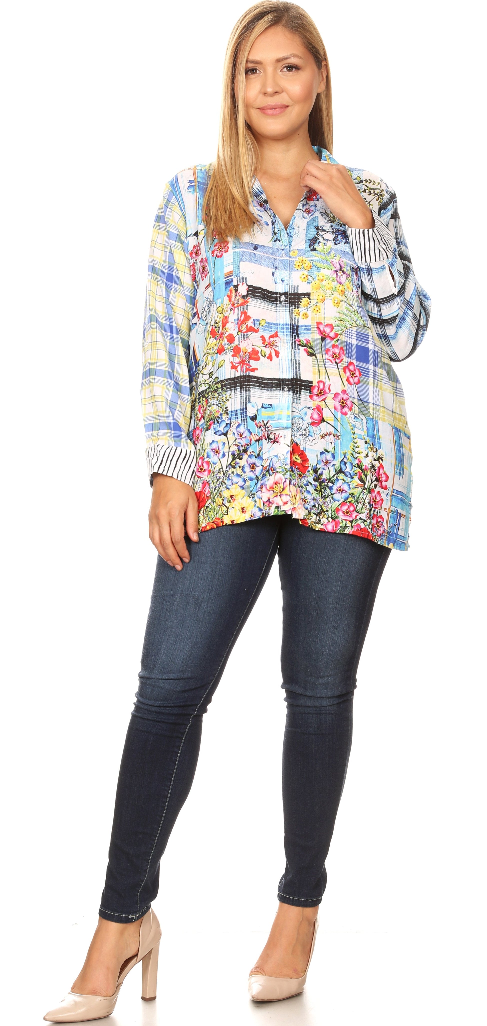 Sakkas Issa Women's Long Sleeve Floral Print Casual Button Down Shirt Blouse Top - Concordia Style Boutique