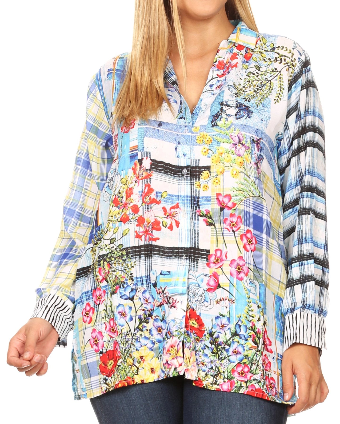 Sakkas Issa Women's Long Sleeve Floral Print Casual Button Down Shirt Blouse Top - Concordia Style Boutique