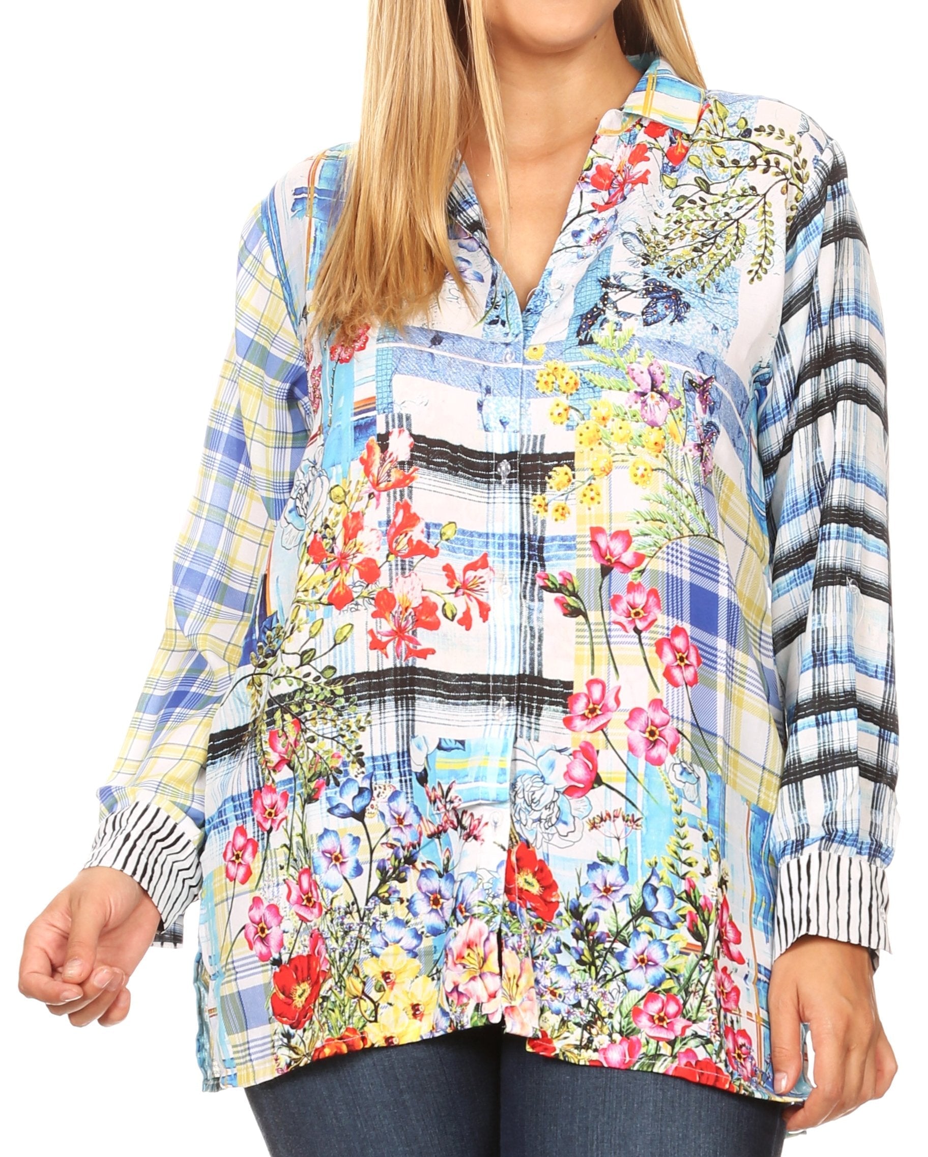 Sakkas Issa Women's Long Sleeve Floral Print Casual Button Down Shirt Blouse Top - Concordia Style Boutique