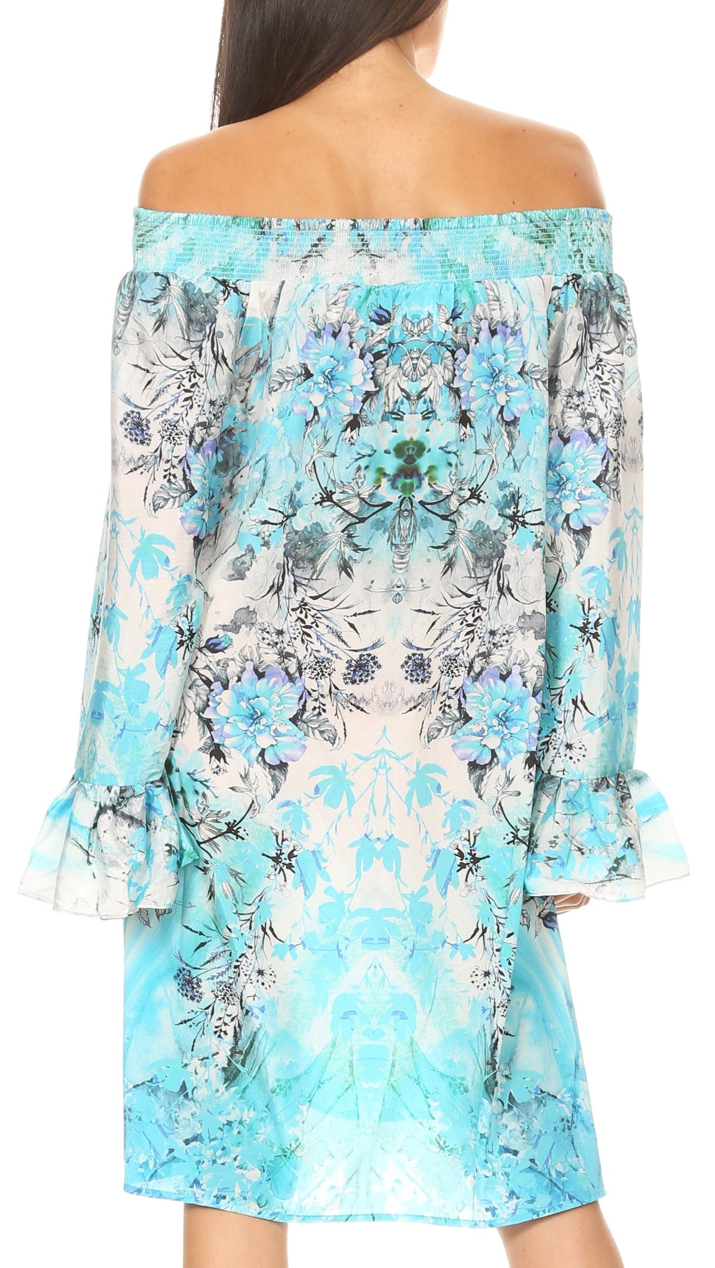 Sakkas Riza Women's Off Shoulder Long Sleeve Tunic Shirt Short Dress with Print - Concordia Style Boutique
