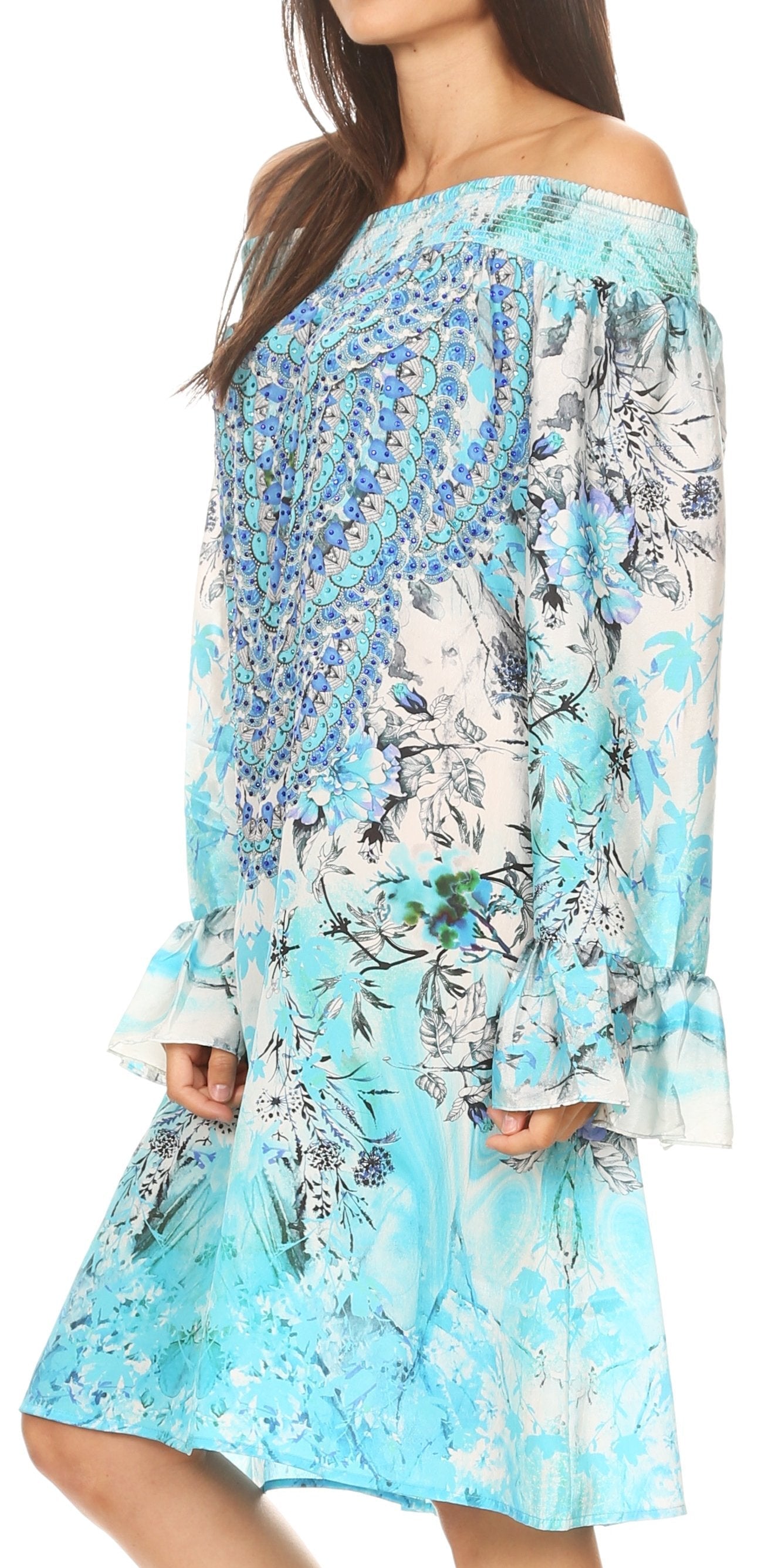 Sakkas Riza Women's Off Shoulder Long Sleeve Tunic Shirt Short Dress with Print - Concordia Style Boutique