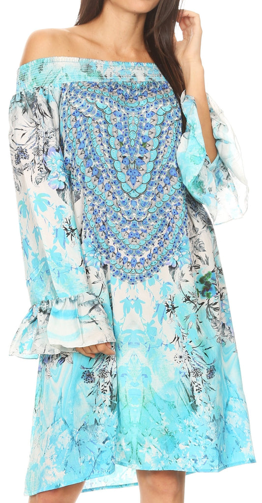 Sakkas Riza Women's Off Shoulder Long Sleeve Tunic Shirt Short Dress with Print - Concordia Style Boutique