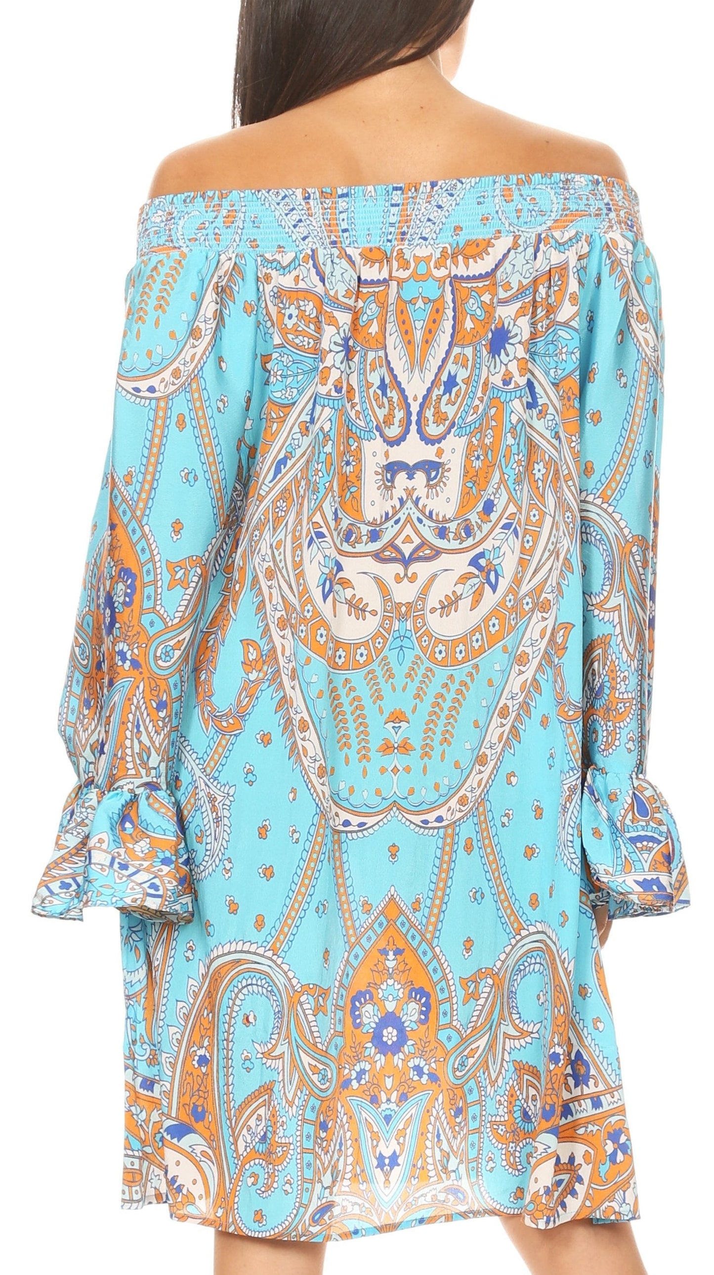 Sakkas Riza Women's Off Shoulder Long Sleeve Tunic Shirt Short Dress with Print - Concordia Style Boutique