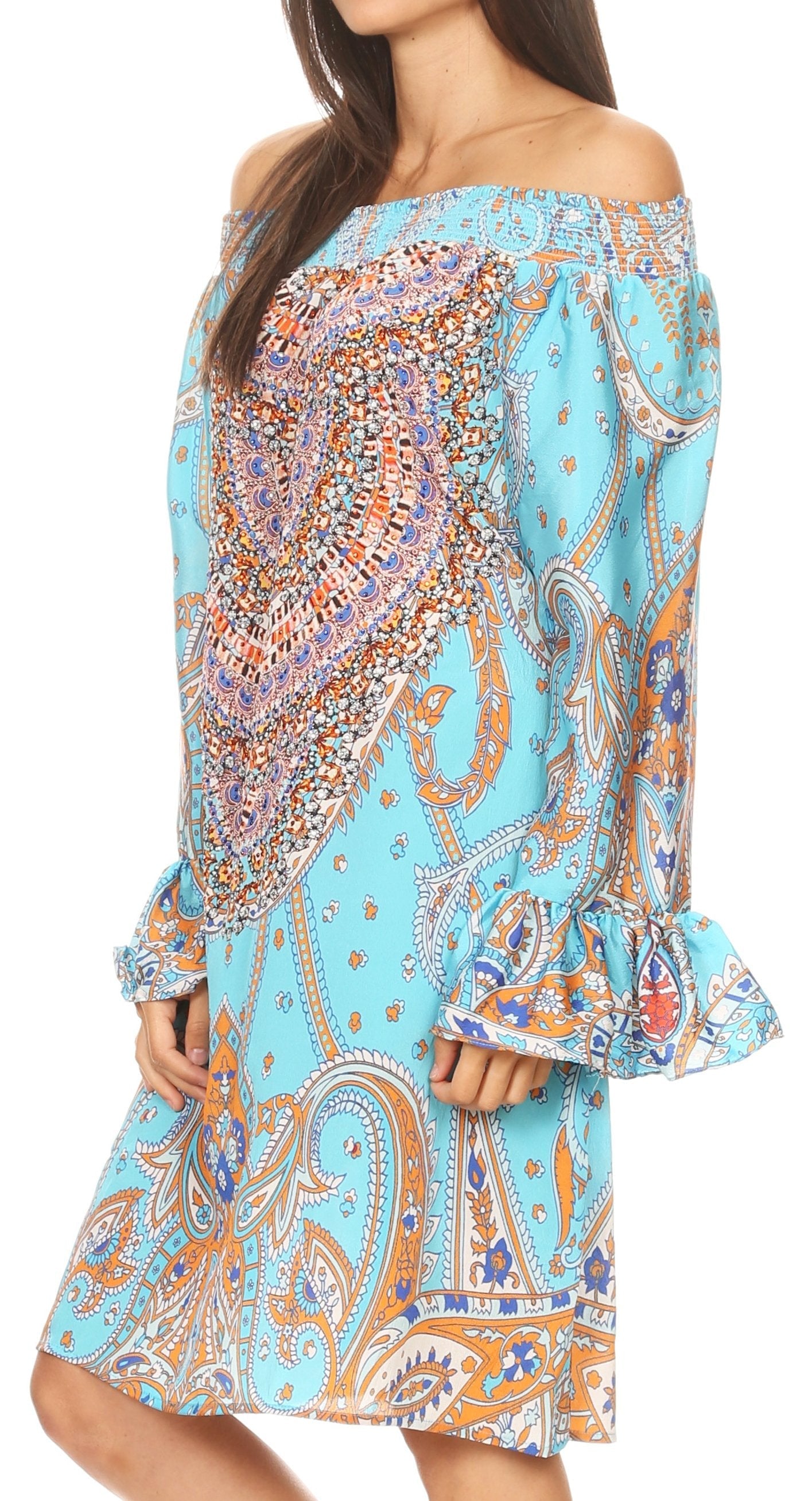 Sakkas Riza Women's Off Shoulder Long Sleeve Tunic Shirt Short Dress with Print - Concordia Style Boutique