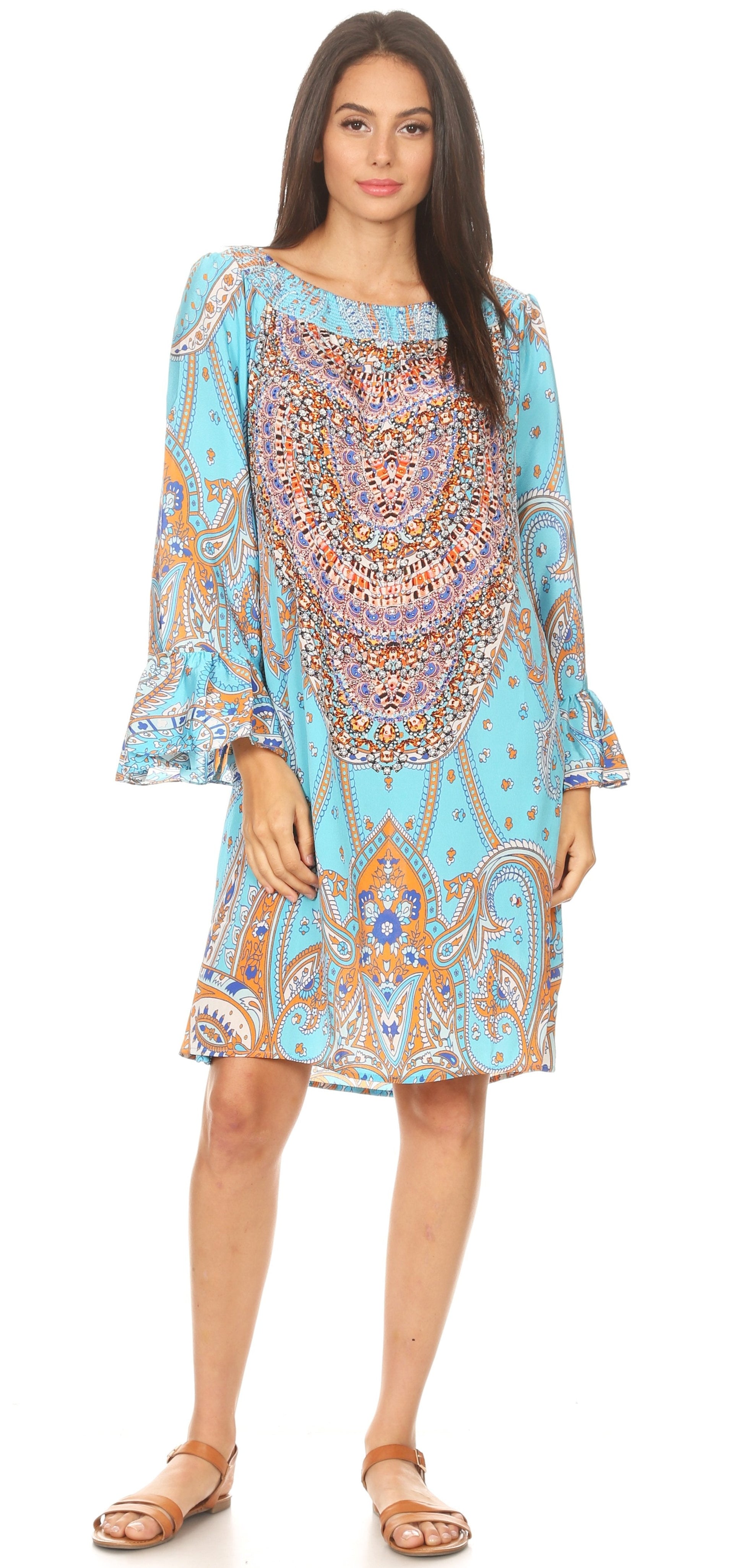 Sakkas Riza Women's Off Shoulder Long Sleeve Tunic Shirt Short Dress with Print - Concordia Style Boutique
