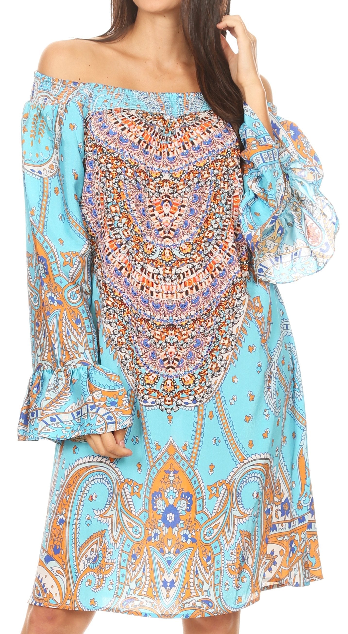 Sakkas Riza Women's Off Shoulder Long Sleeve Tunic Shirt Short Dress with Print - Concordia Style Boutique