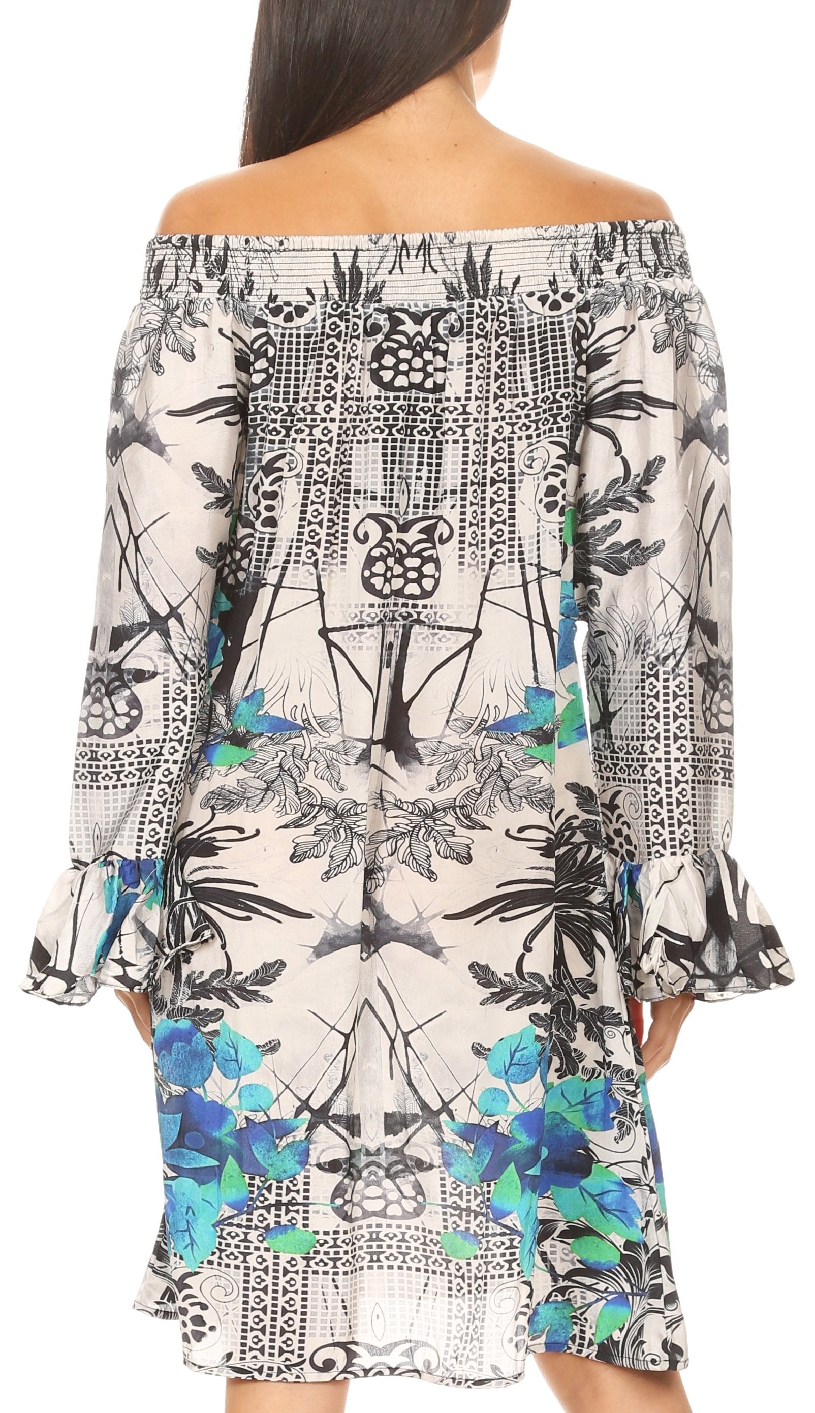 Sakkas Riza Women's Off Shoulder Long Sleeve Tunic Shirt Short Dress with Print - Concordia Style Boutique