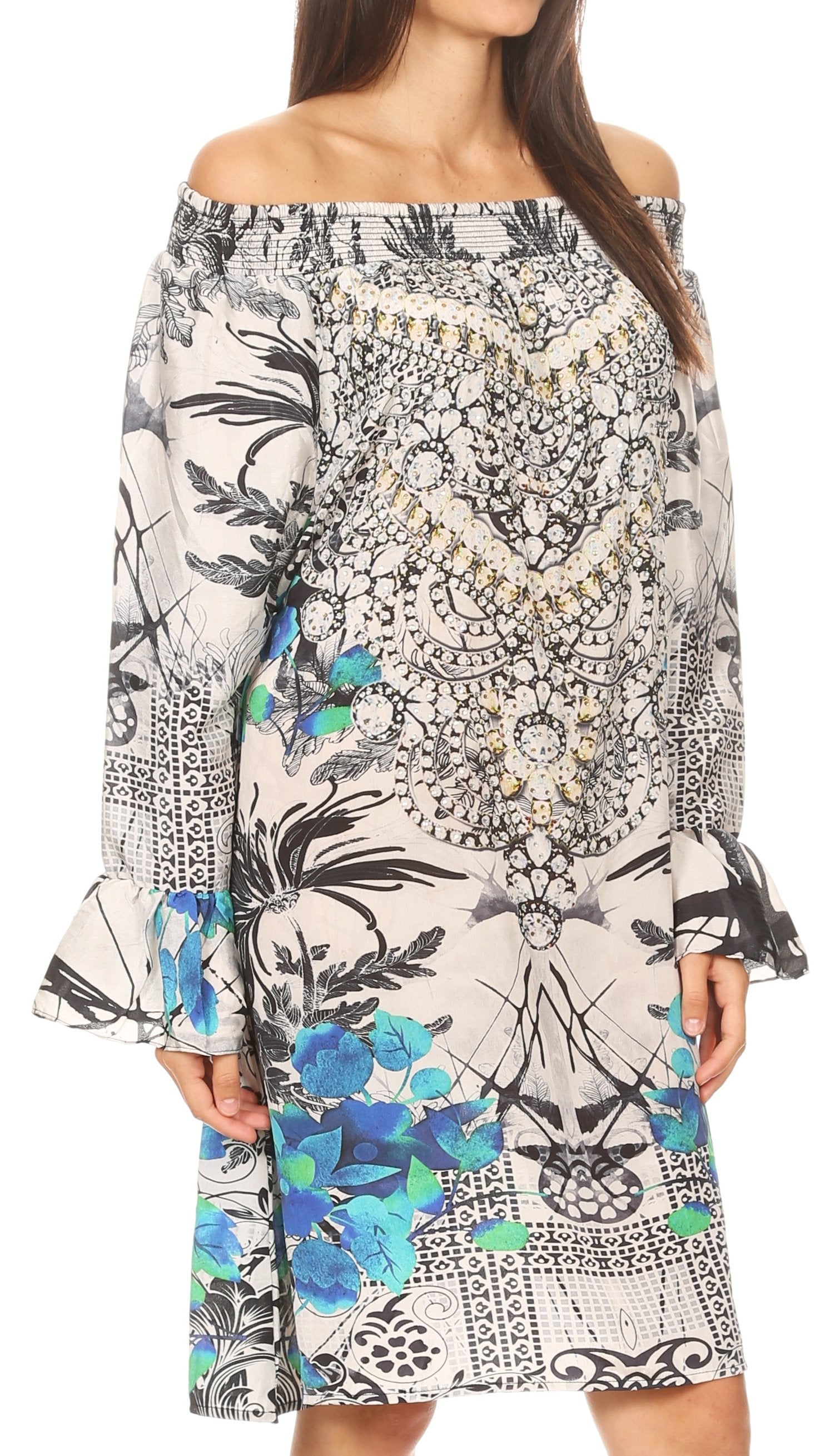 Sakkas Riza Women's Off Shoulder Long Sleeve Tunic Shirt Short Dress with Print - Concordia Style Boutique