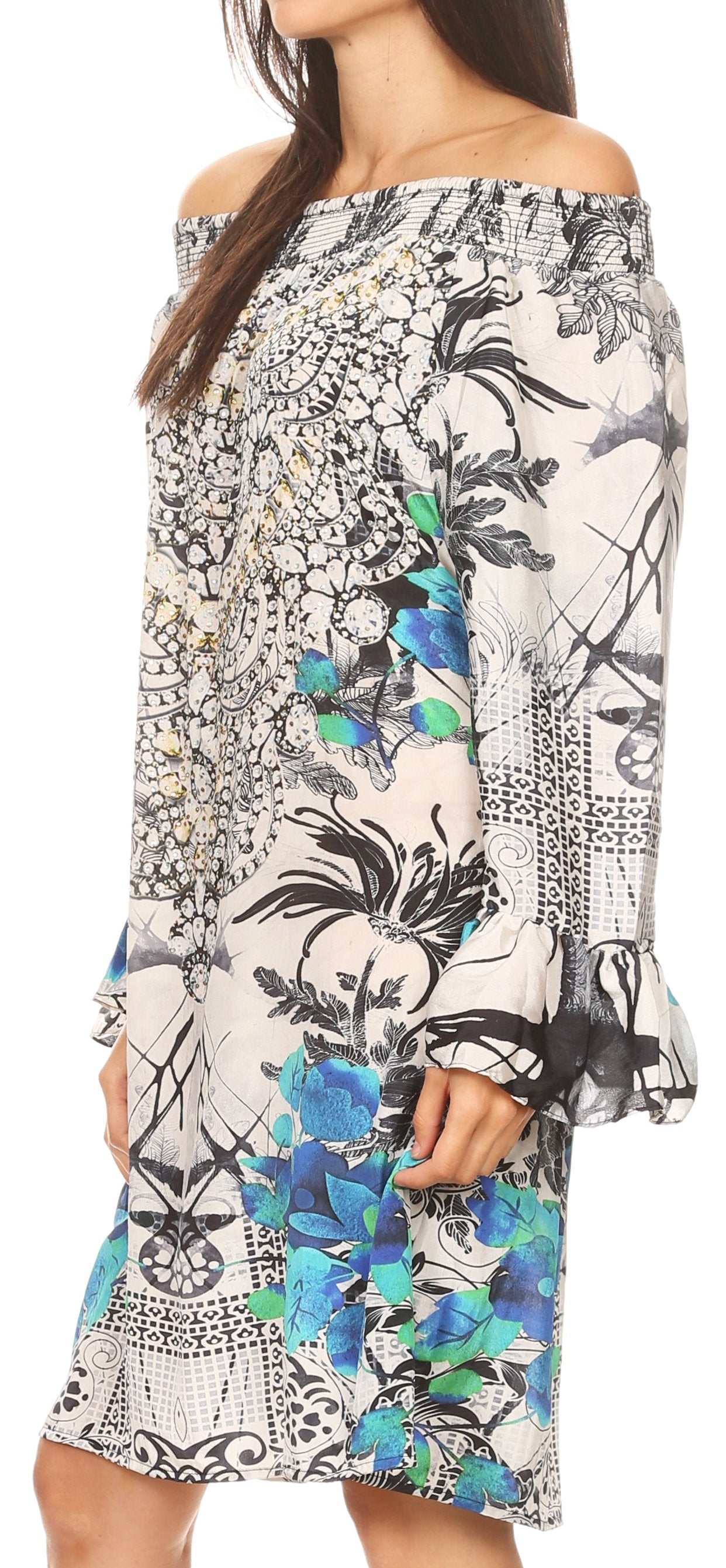 Sakkas Riza Women's Off Shoulder Long Sleeve Tunic Shirt Short Dress with Print - Concordia Style Boutique