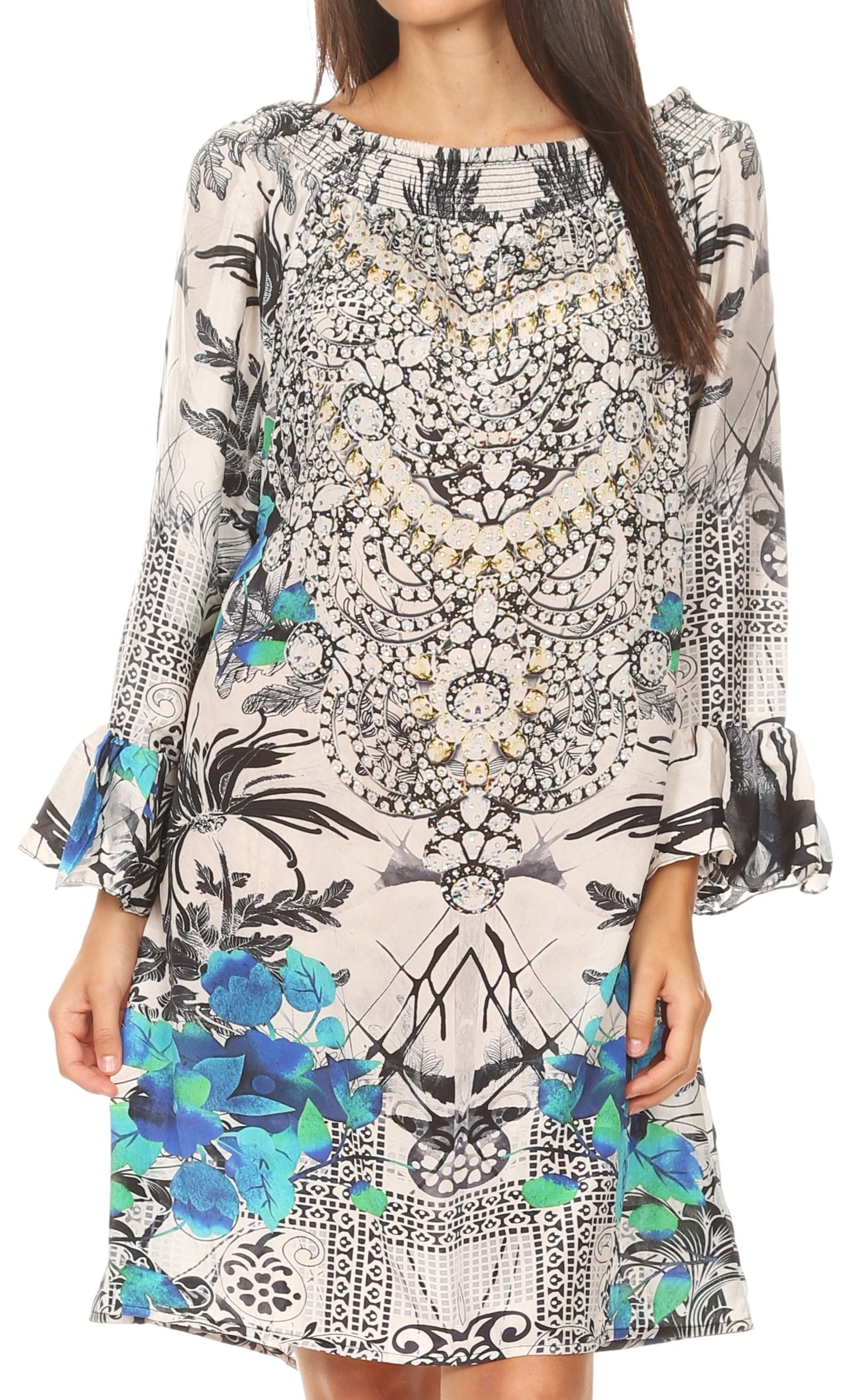 Sakkas Riza Women's Off Shoulder Long Sleeve Tunic Shirt Short Dress with Print - Concordia Style Boutique