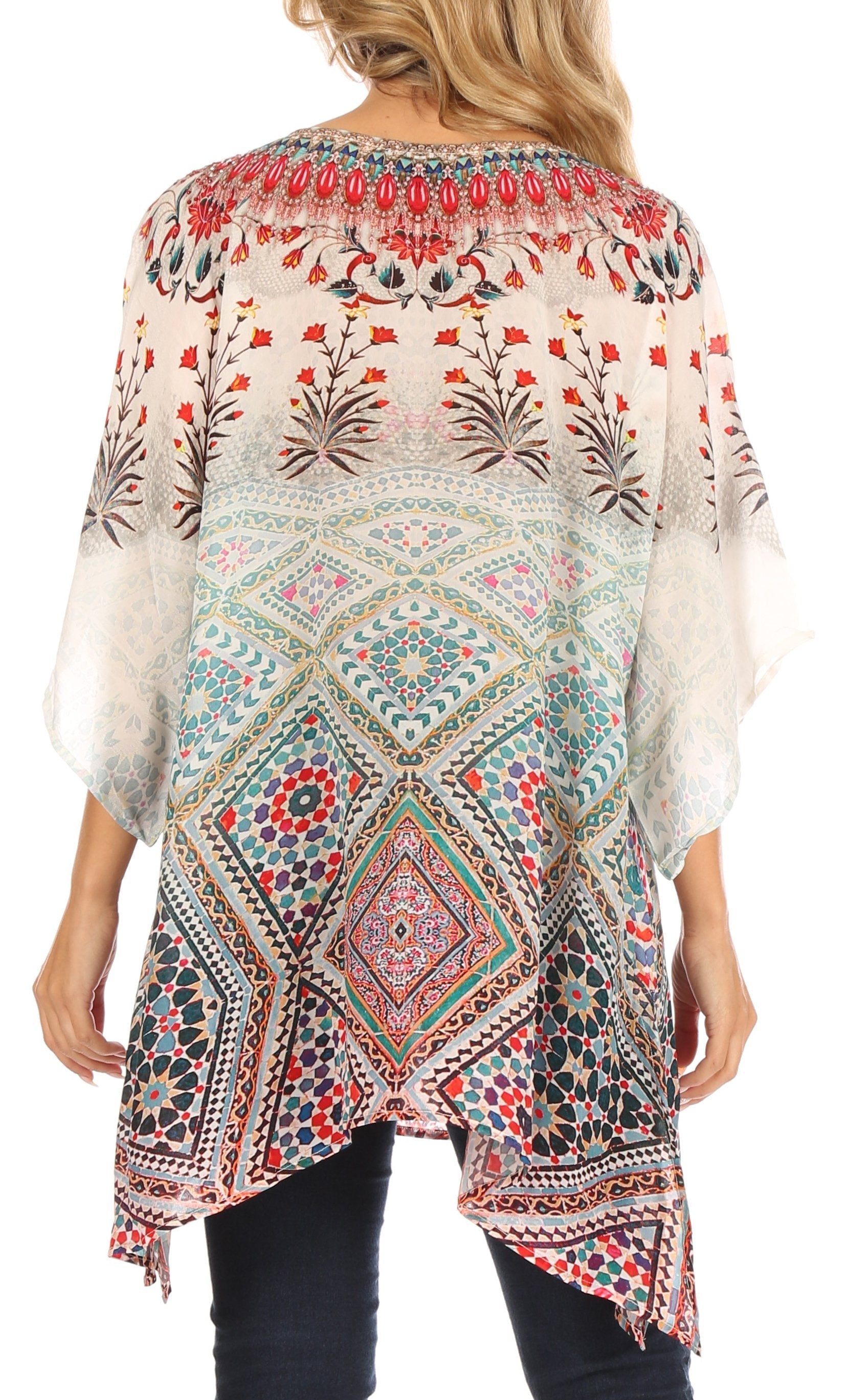 Sakkas Tanya Women's Short Sleeve Floral Print Loose Blouse Tunic V-neck Silky - Concordia Style Boutique