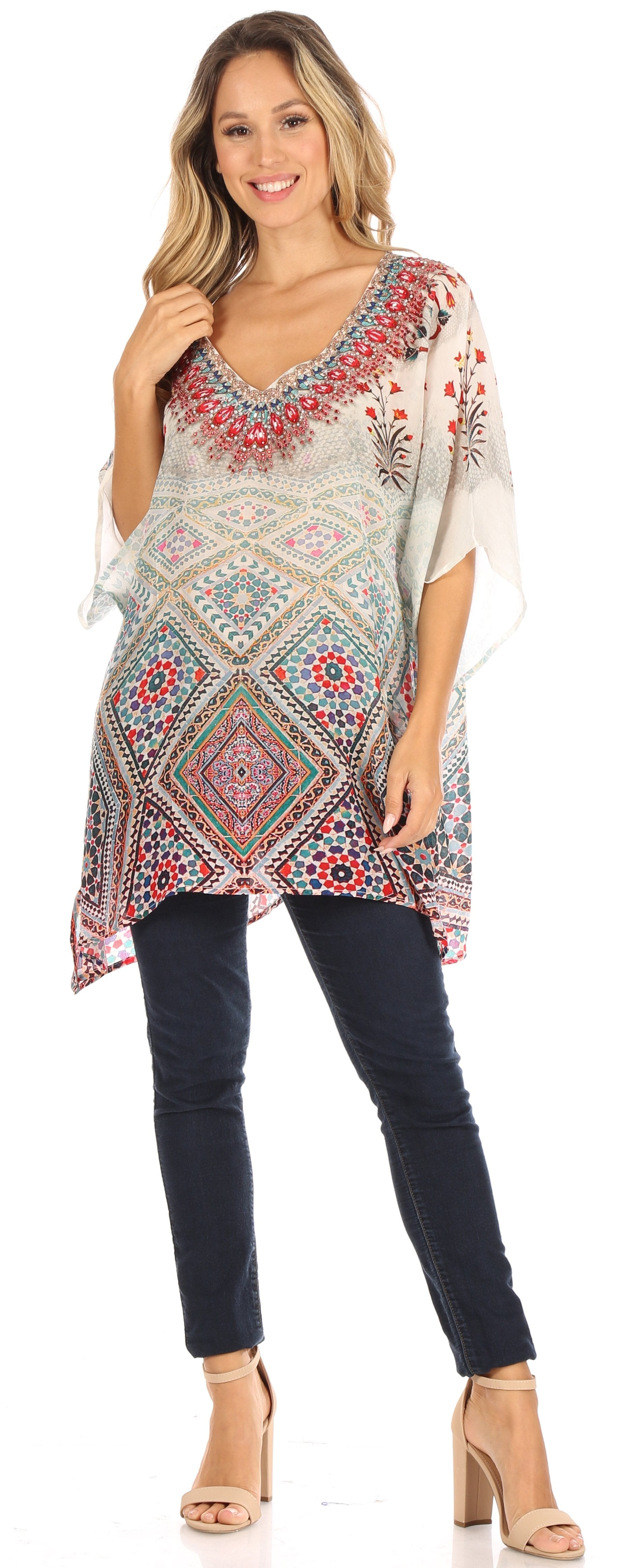 Sakkas Tanya Women's Short Sleeve Floral Print Loose Blouse Tunic V-neck Silky - Concordia Style Boutique