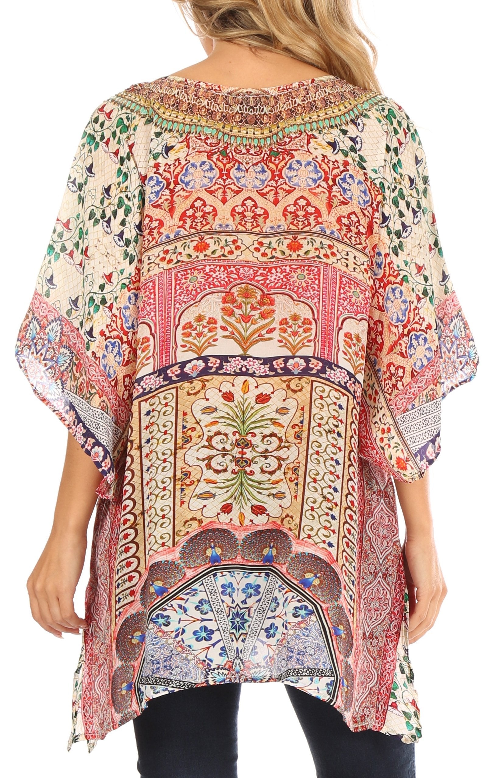 Sakkas Tanya Women's Short Sleeve Floral Print Loose Blouse Tunic V-neck Silky - Concordia Style Boutique