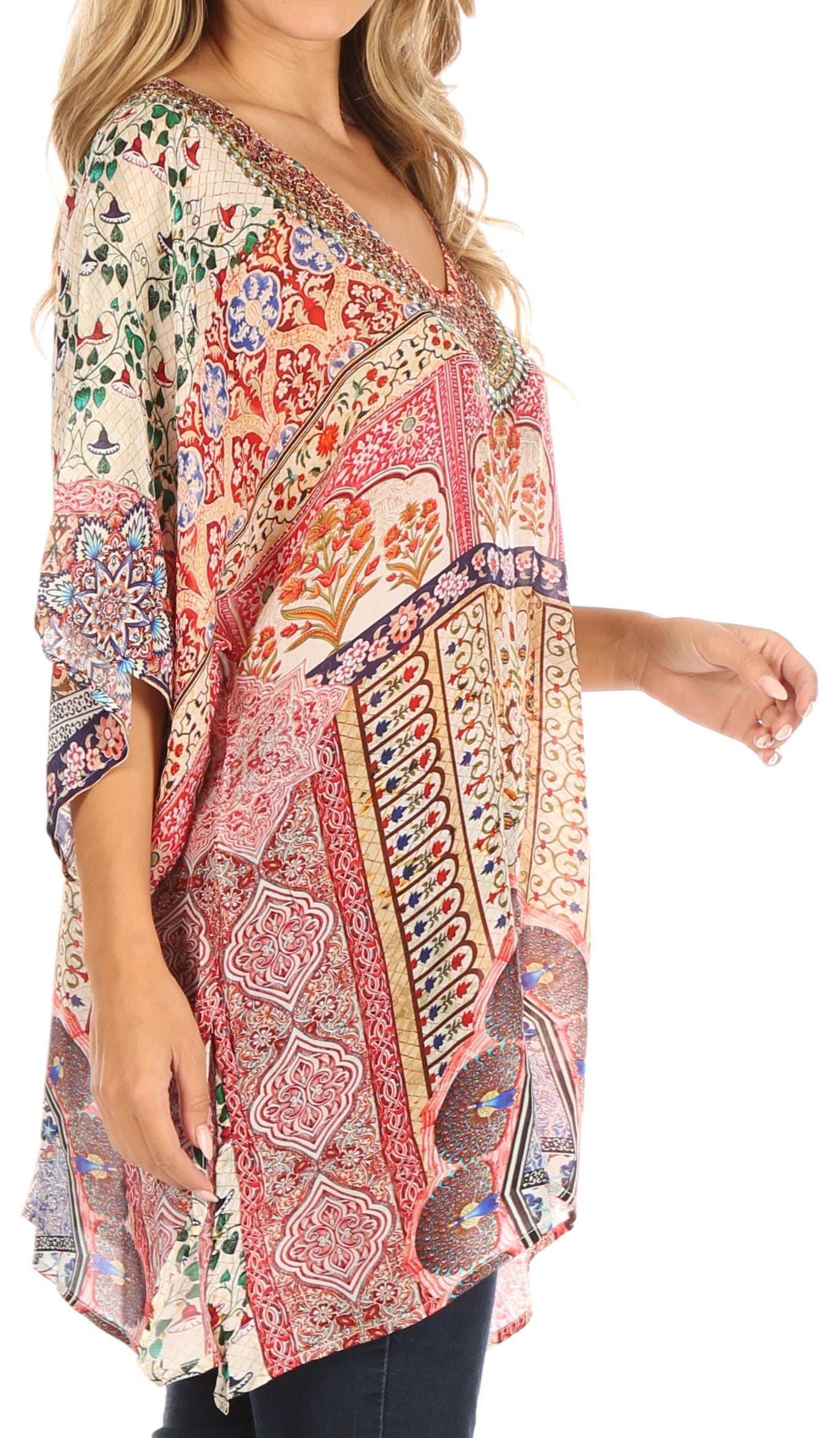 Sakkas Tanya Women's Short Sleeve Floral Print Loose Blouse Tunic V-neck Silky - Concordia Style Boutique