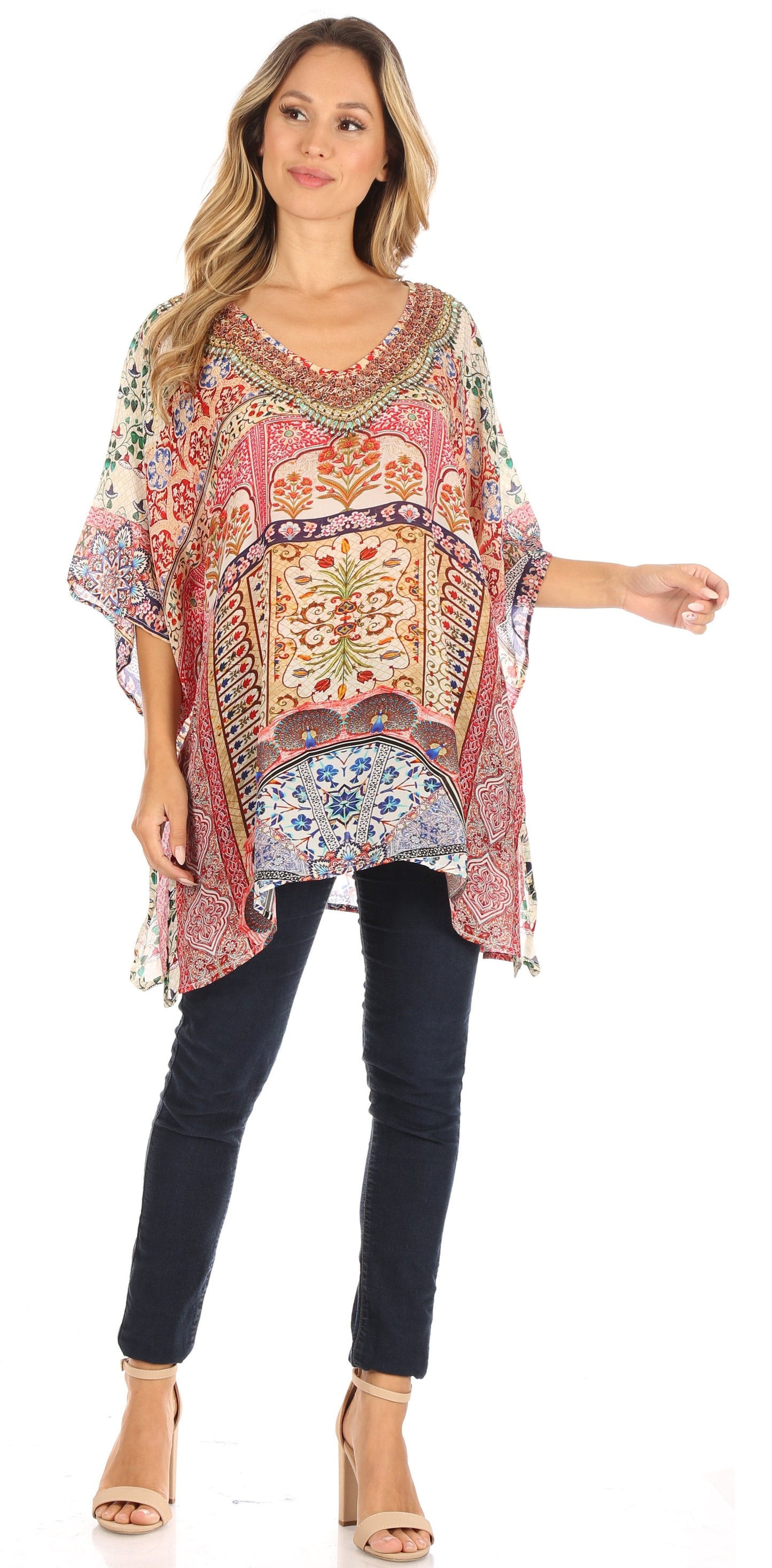 Sakkas Tanya Women's Short Sleeve Floral Print Loose Blouse Tunic V-neck Silky - Concordia Style Boutique