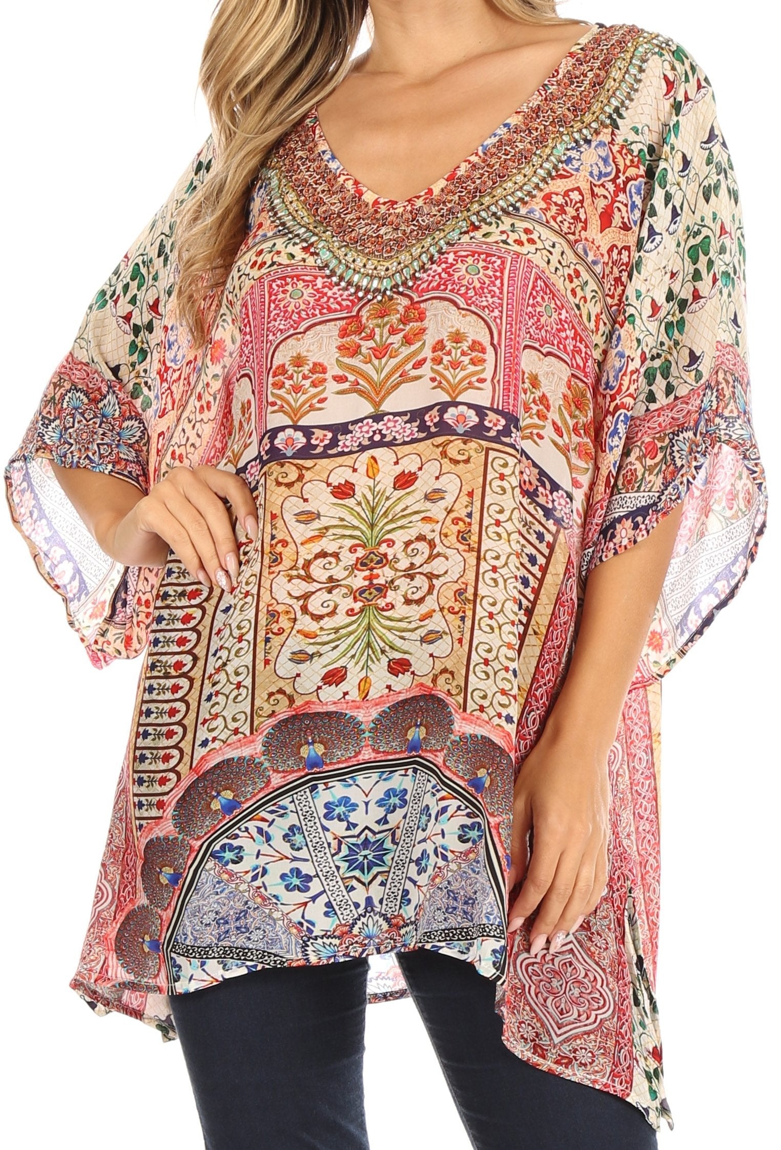 Sakkas Tanya Women's Short Sleeve Floral Print Loose Blouse Tunic V-neck Silky - Concordia Style Boutique