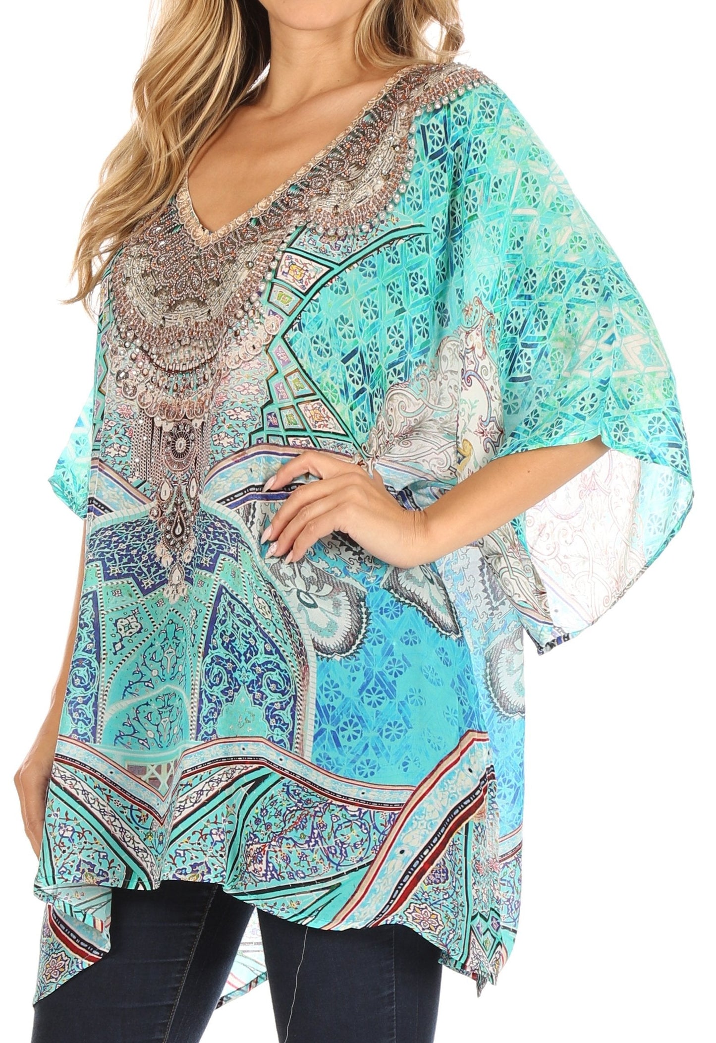 Sakkas Tanya Women's Short Sleeve Floral Print Loose Blouse Tunic V-neck Silky - Concordia Style Boutique