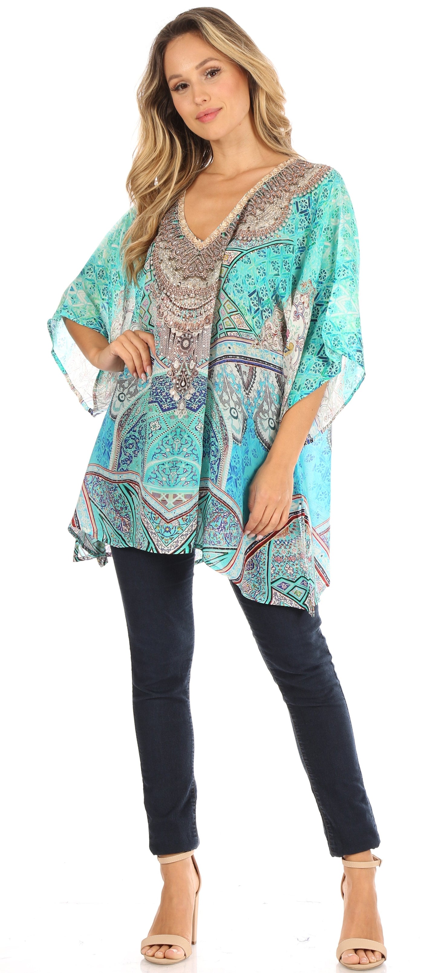 Sakkas Tanya Women's Short Sleeve Floral Print Loose Blouse Tunic V-neck Silky - Concordia Style Boutique