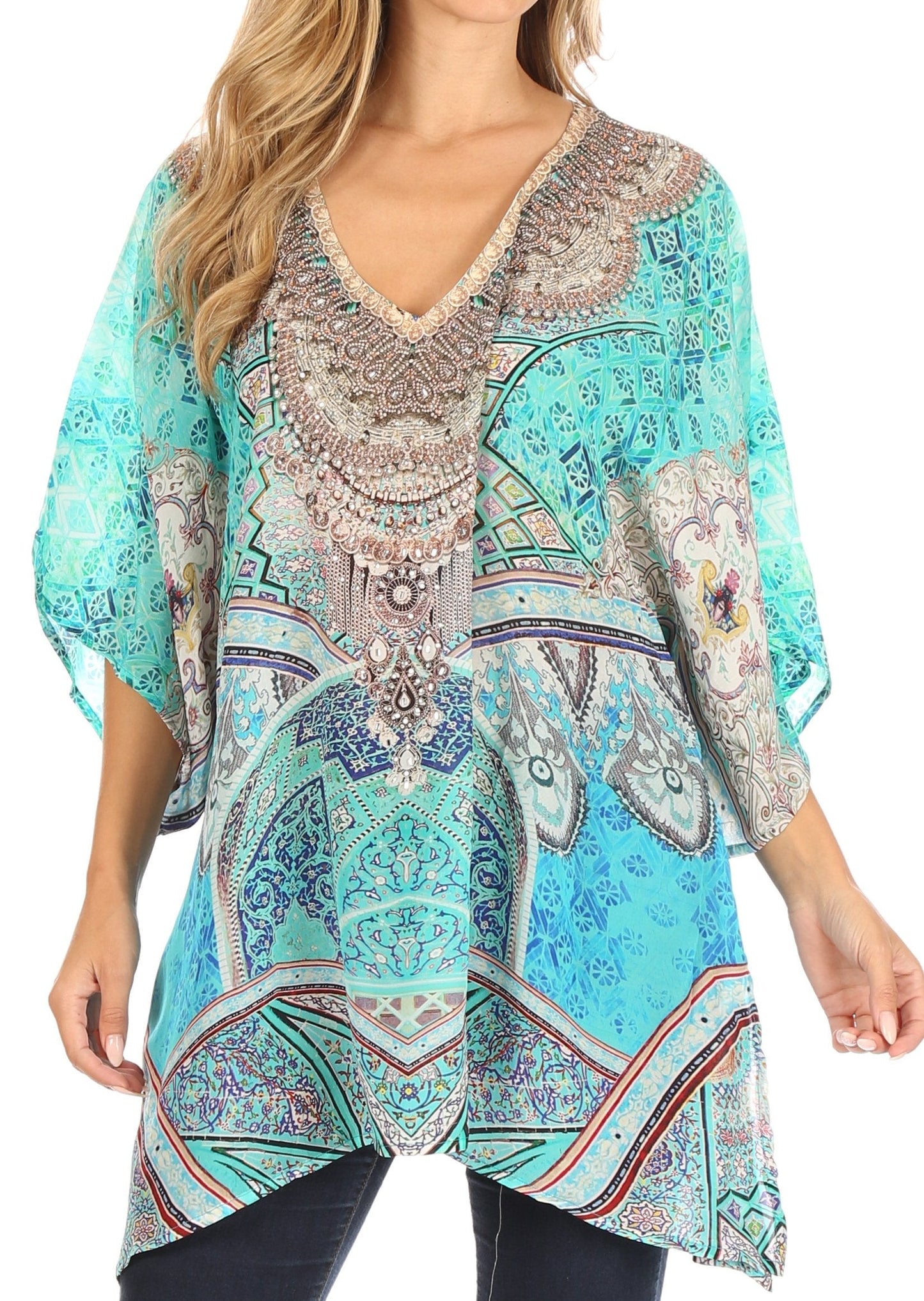 Sakkas Tanya Women's Short Sleeve Floral Print Loose Blouse Tunic V-neck Silky - Concordia Style Boutique