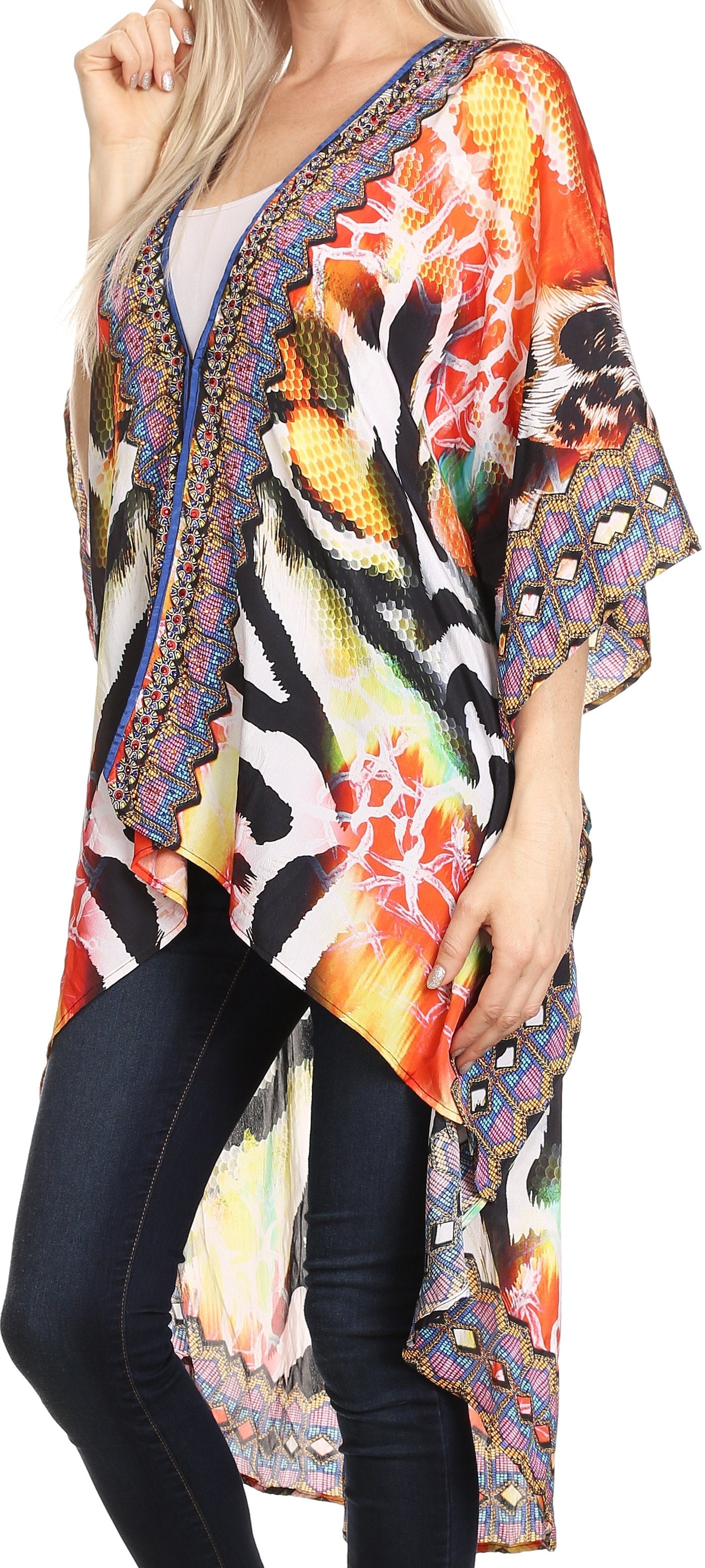 Sakkas Osiris Embellished Hi Low V-Neck Clasp Beach Cover-Up Kimono Kaftan Tunic - Concordia Style Boutique