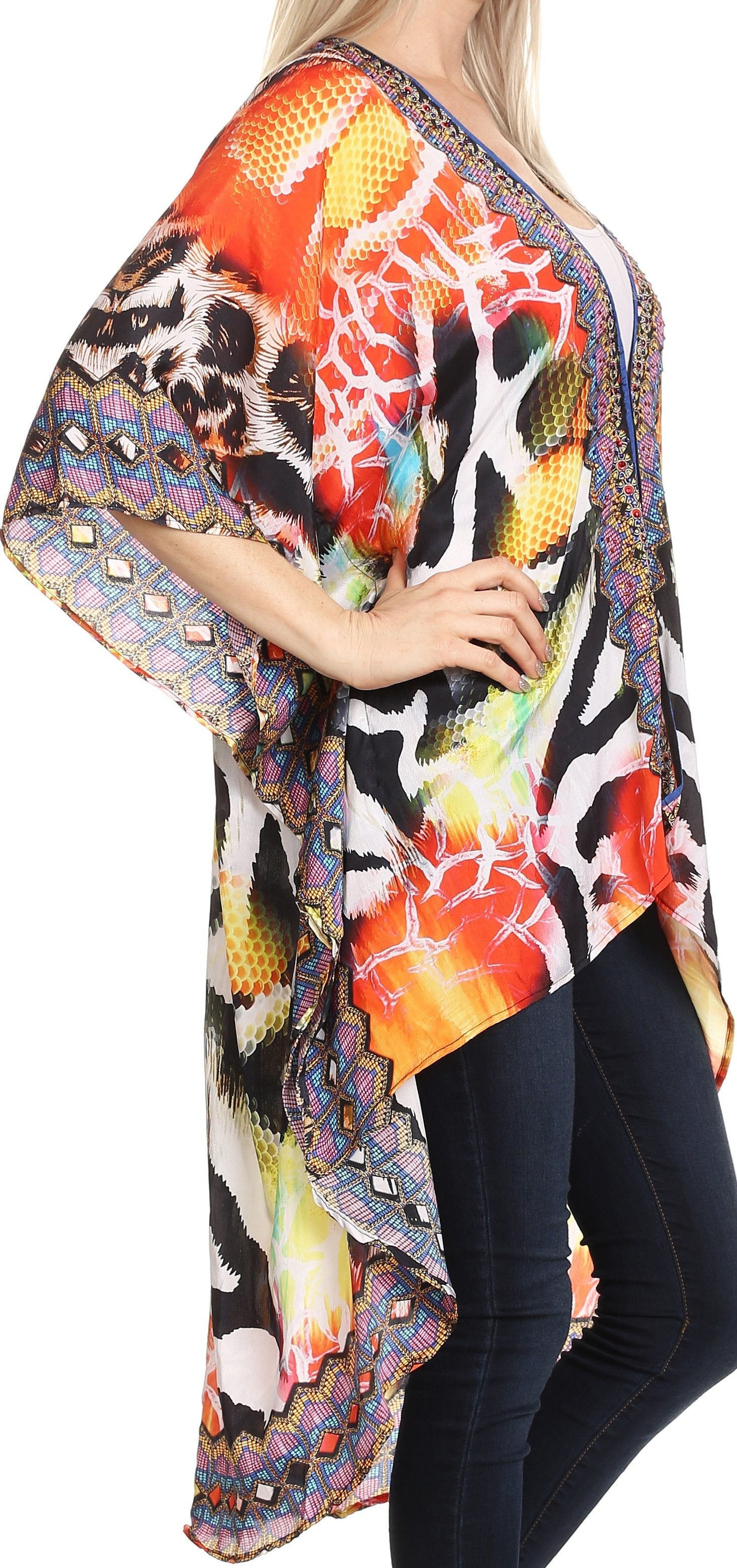 Sakkas Osiris Embellished Hi Low V-Neck Clasp Beach Cover-Up Kimono Kaftan Tunic - Concordia Style Boutique
