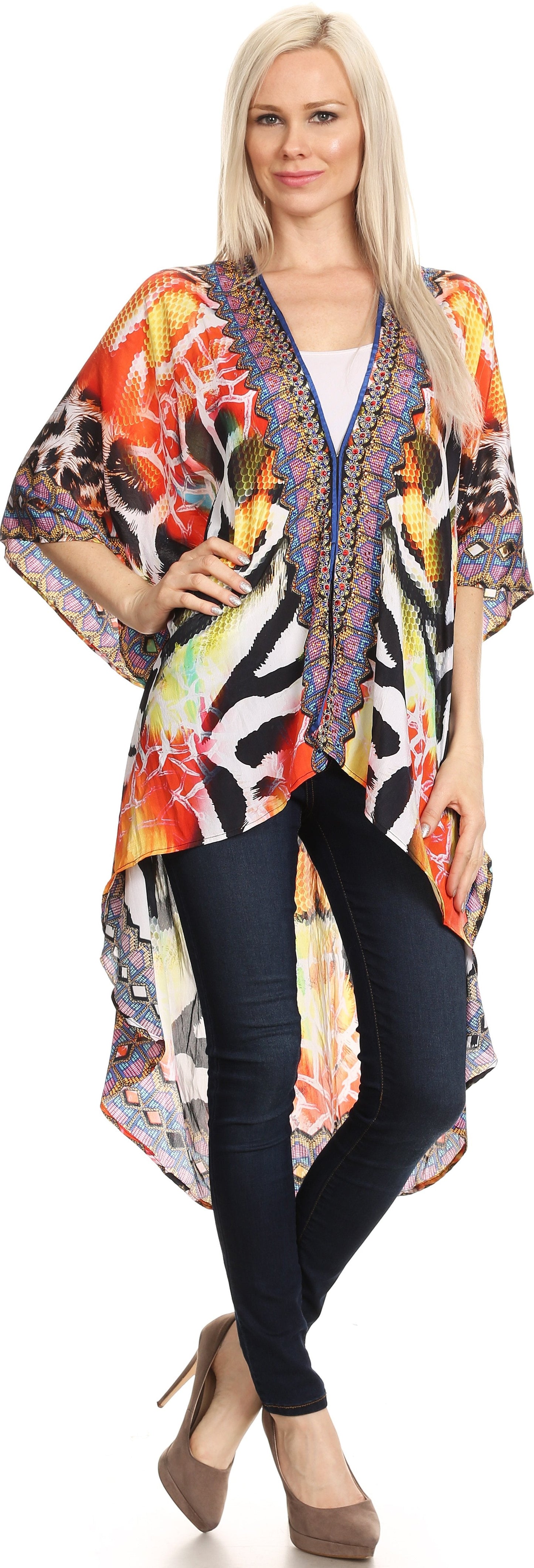Sakkas Osiris Embellished Hi Low V-Neck Clasp Beach Cover-Up Kimono Kaftan Tunic - Concordia Style Boutique