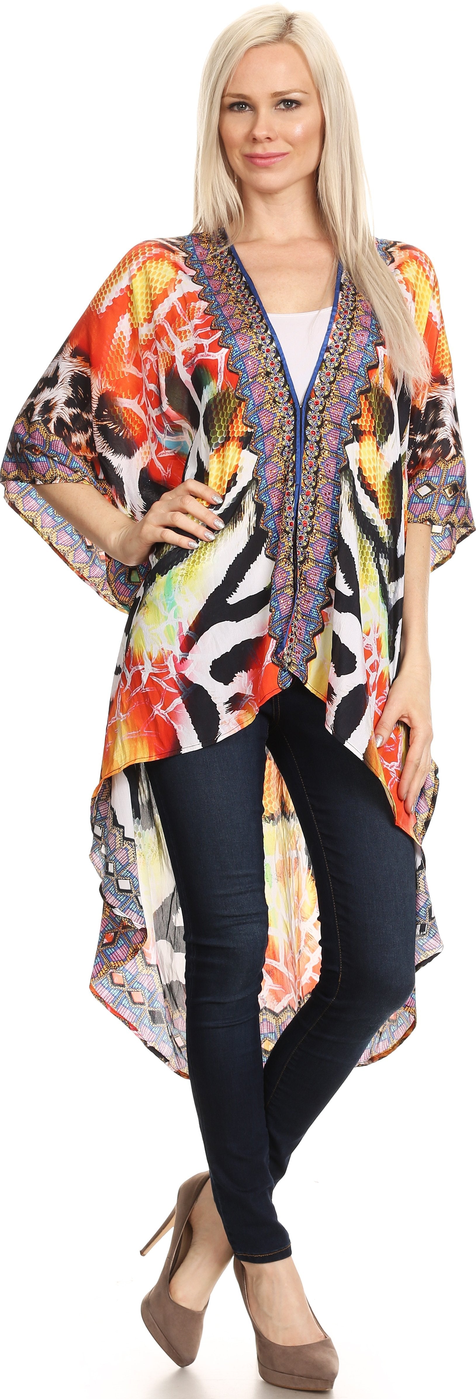 Sakkas Osiris Embellished Hi Low V-Neck Clasp Beach Cover-Up Kimono Kaftan Tunic - Concordia Style Boutique